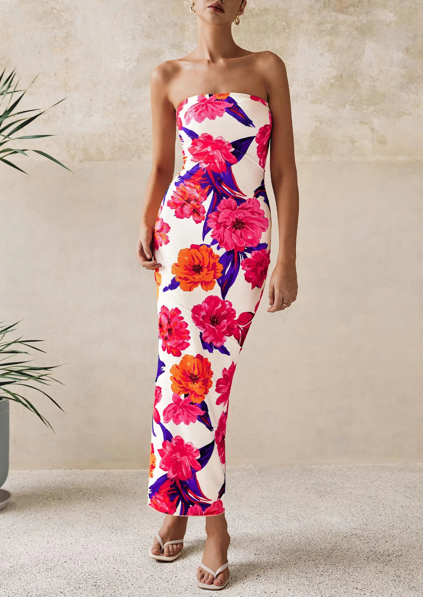 Women's Floral Bodycon Maxi Dresses Ribbed Strapless Tube Casual Boho Party Long Dress