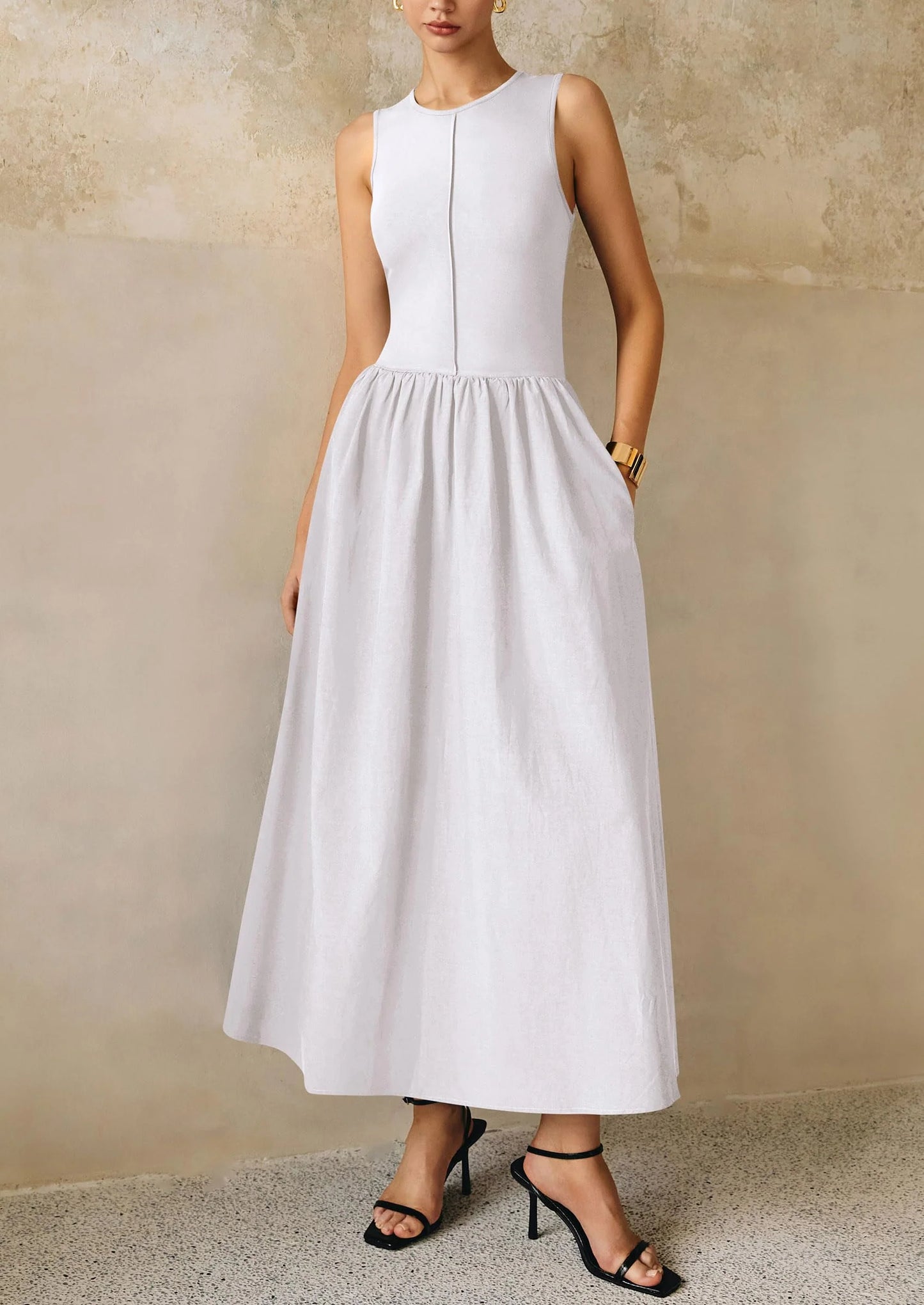 Women Maxi Dresses Casual Sleeveless Patchwork Knit Tank Dress Flowy Beach Sundress Long Dress