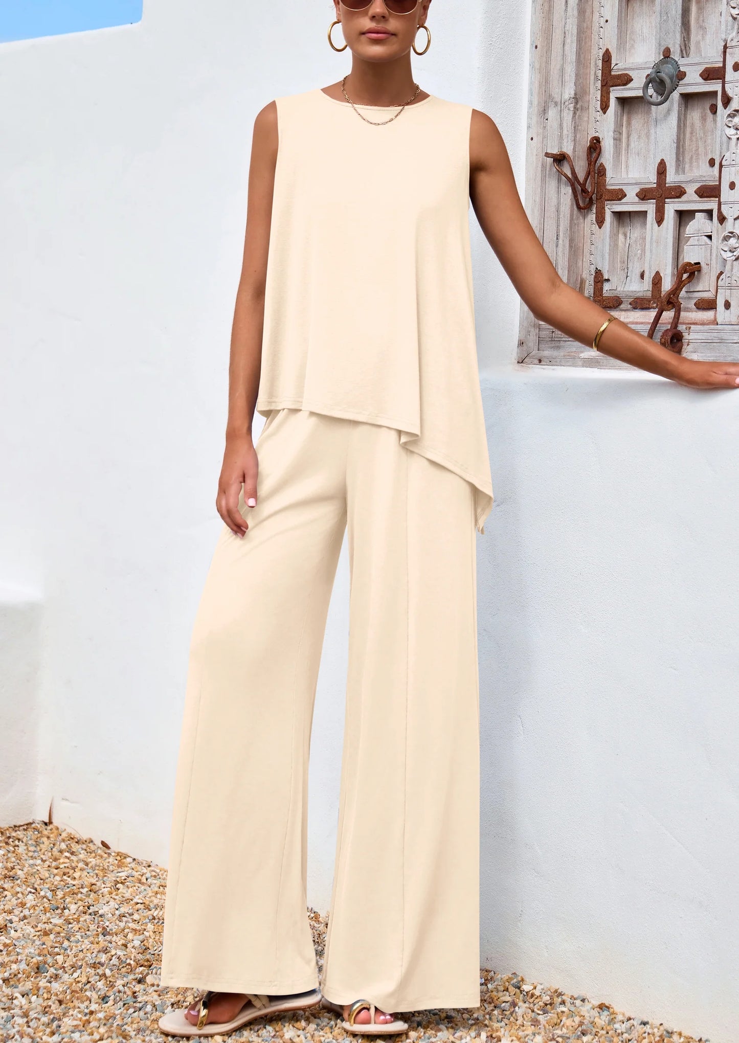 Women's Two Piece Matching Lounge Sets Asymmetrical Split Tank Tops Wide Leg Pants Summer Outfits Tracksuit