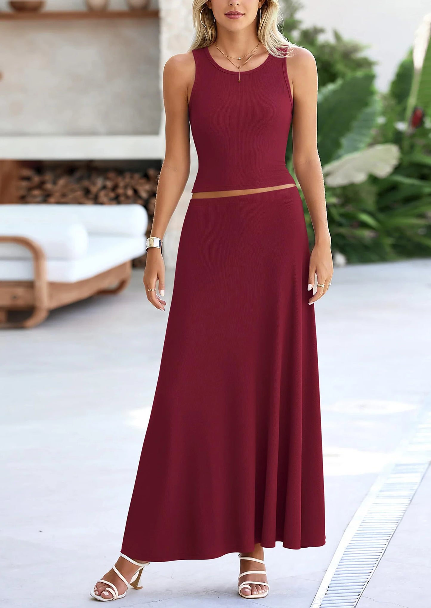 2 Piece Maxi Skirt Sets Casual Knit Cropped Tank Top High Waisted Long Skirts Outfit