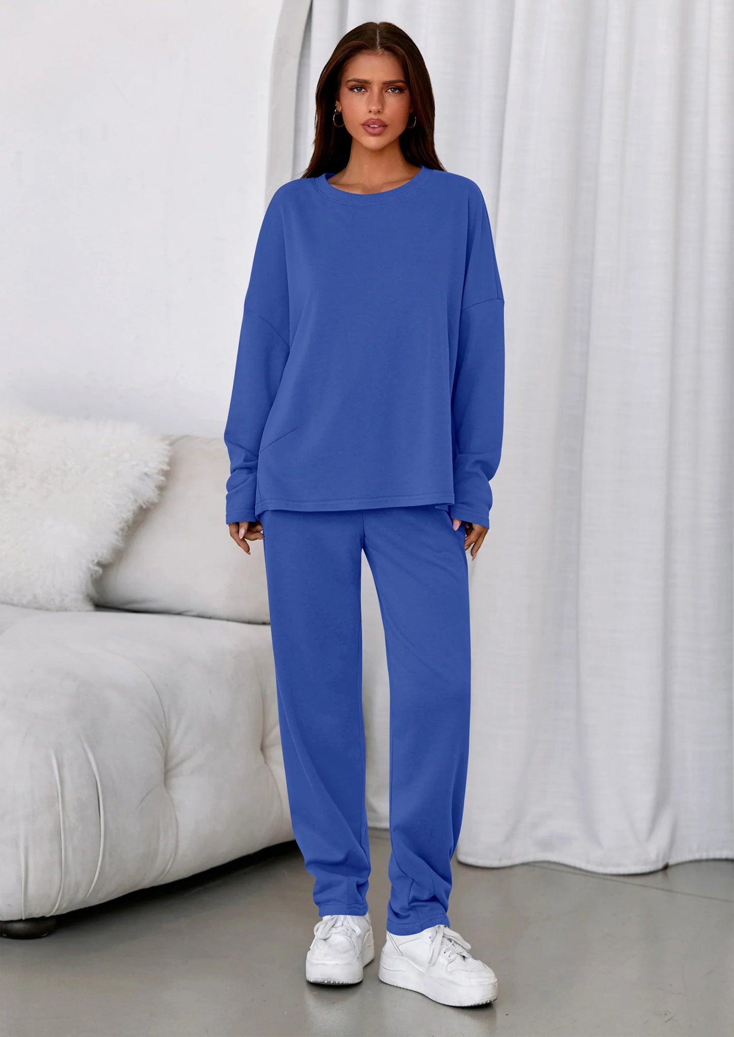 Womens 2 Piece Matching Lounge Sets Fall Long Sleeve Boatneck Sweatsuit Drawstring Sweatpants Pockets