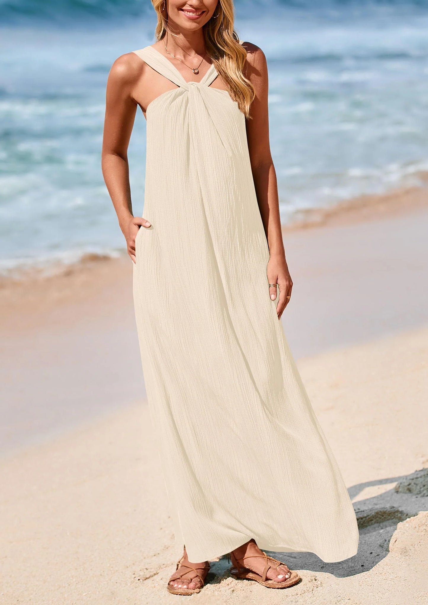 Womens Casual Long Summer Dresses Sleeveless Strappy Loose Flowy Beach Vacation Maxi Dress with Pockets