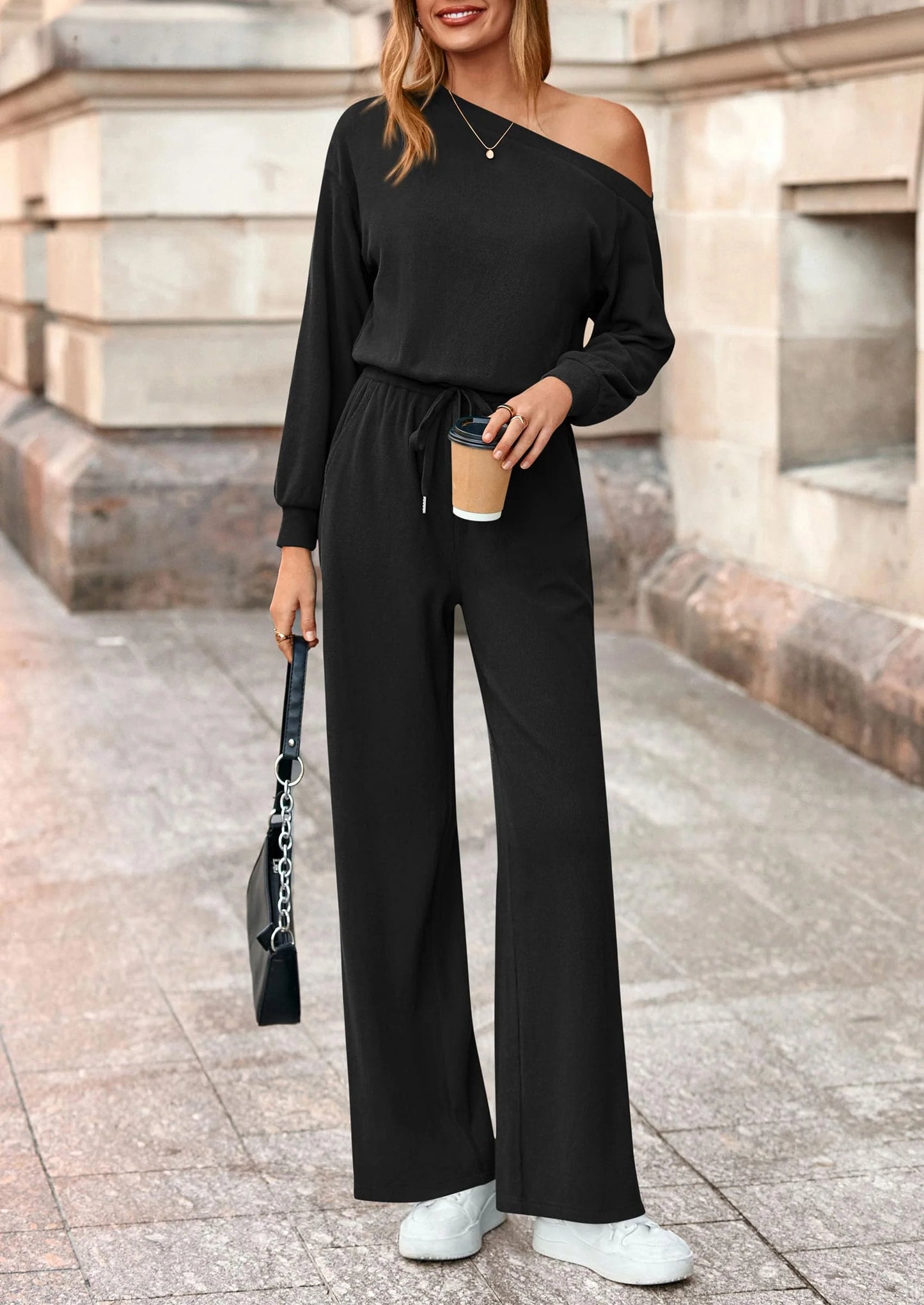 Long Sleeve Jumpsuit For Women Dressy Off Shoulder One Piece Loose Wide Leg Jumpsuits Casual Flowy Romper