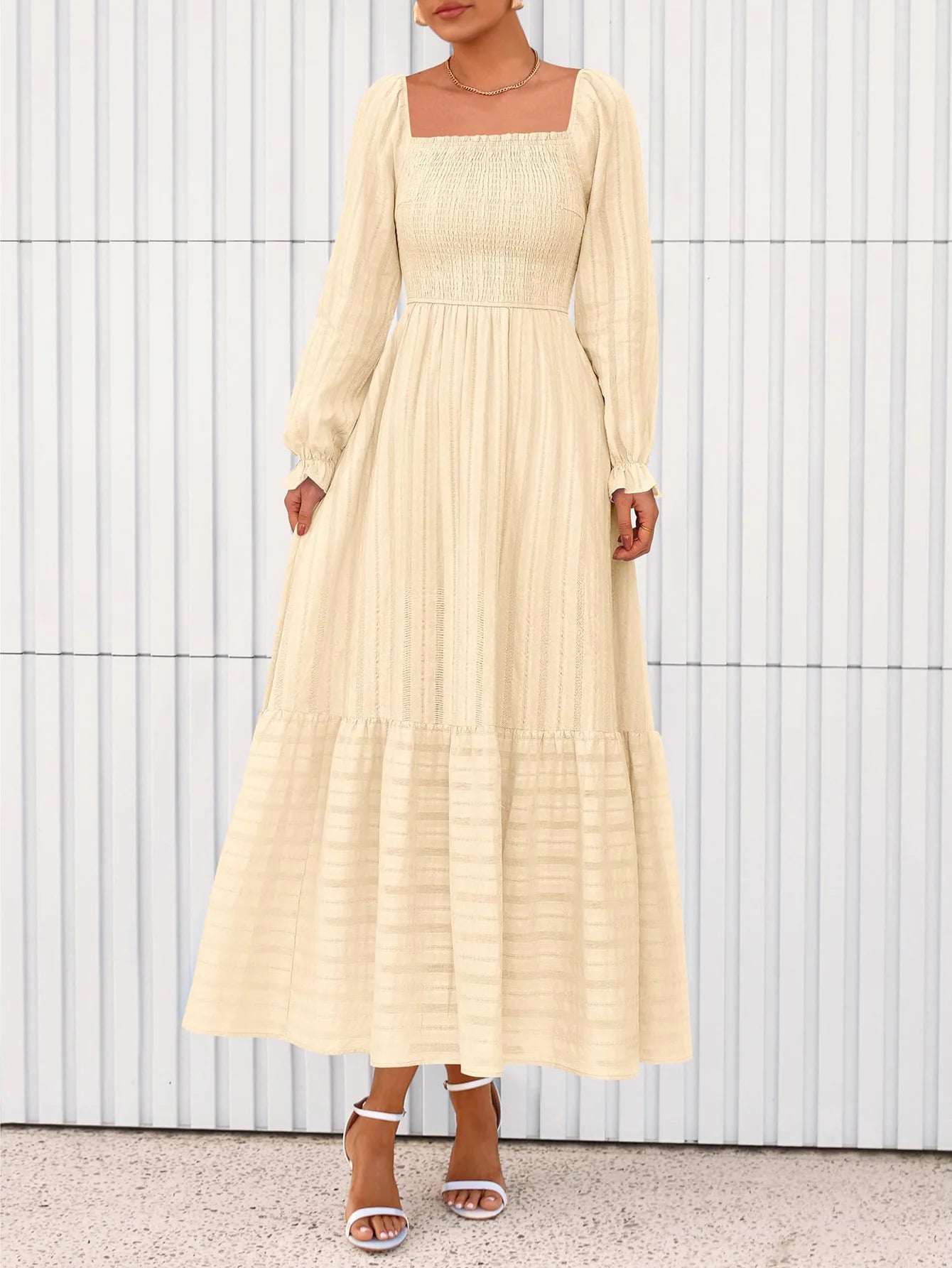BTFBM Women Maxi Fall Dresses Long Sleeve Solid Color Square Neck Smocked Boho Long Wedding Guest Dress