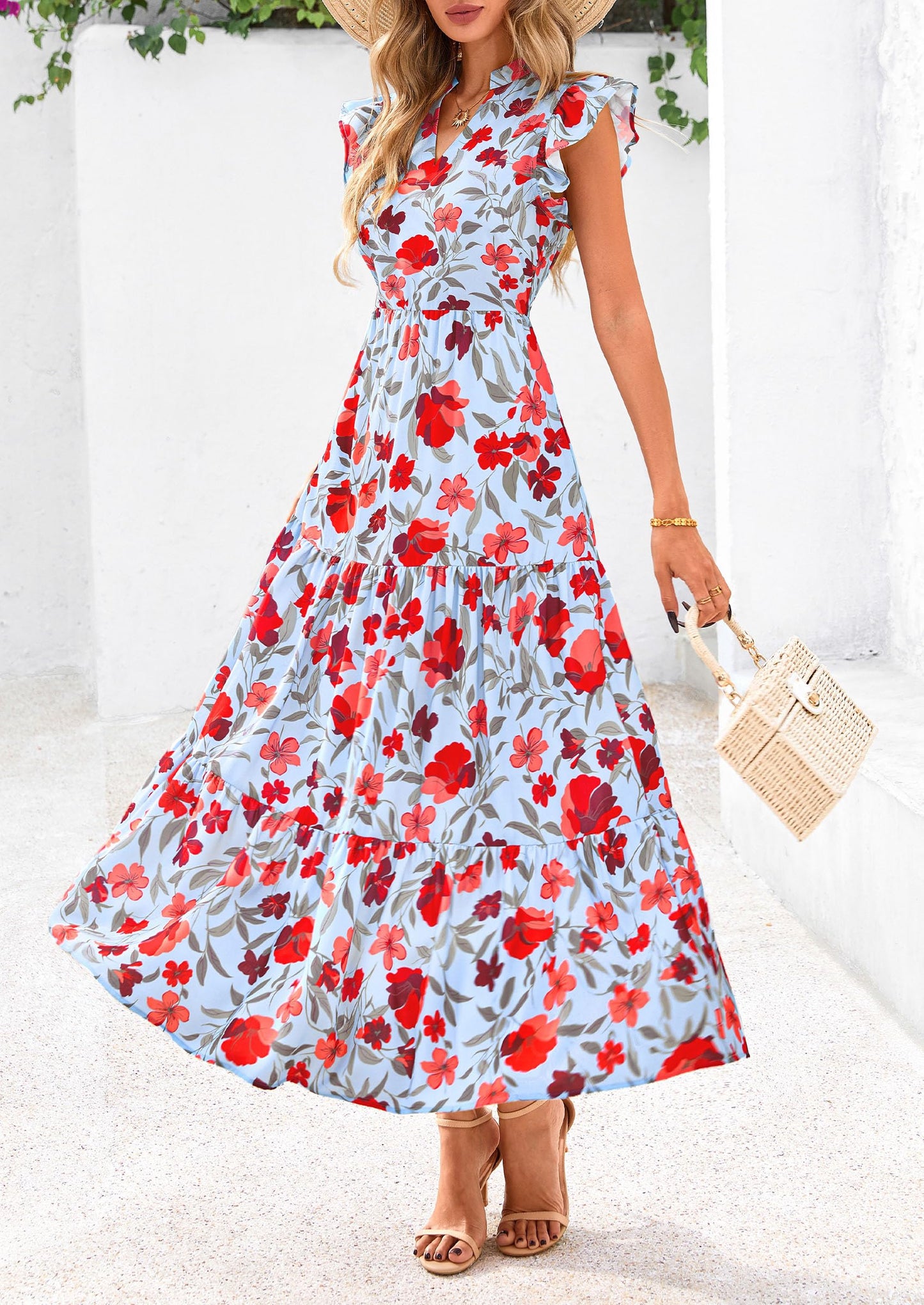 Women's Summer Floral Midi Dress Cap Sleeve V Neck Ruffle Long Flowy Boho Casual Beach Vacation Dresses