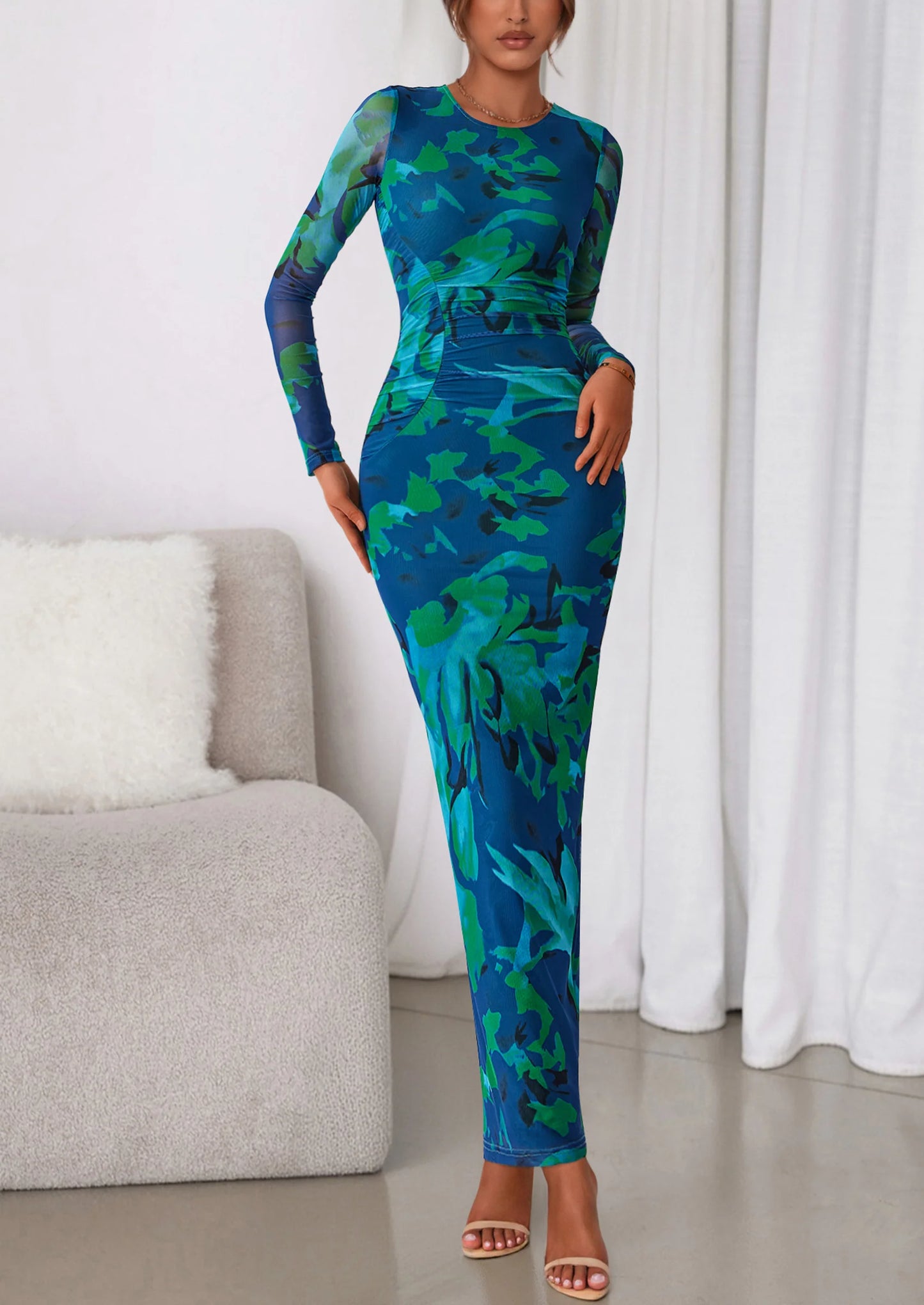 Women's Fall Wedding Guest Dresses Long Sleeve Fitted Ruched Slit Bodycon Mesh Floral Party Maxi Dress