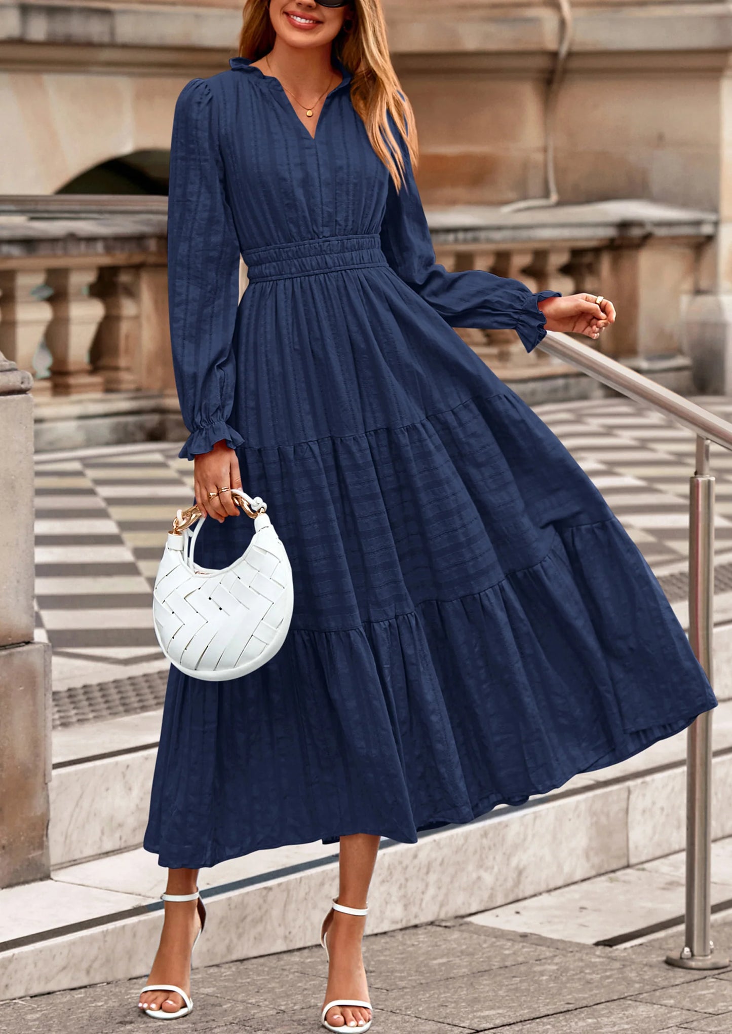 Women's Fall Wedding Guest Dresses Long Sleeve V Neck Flowy Elegant Holiday Party Maxi Dress with Pockets