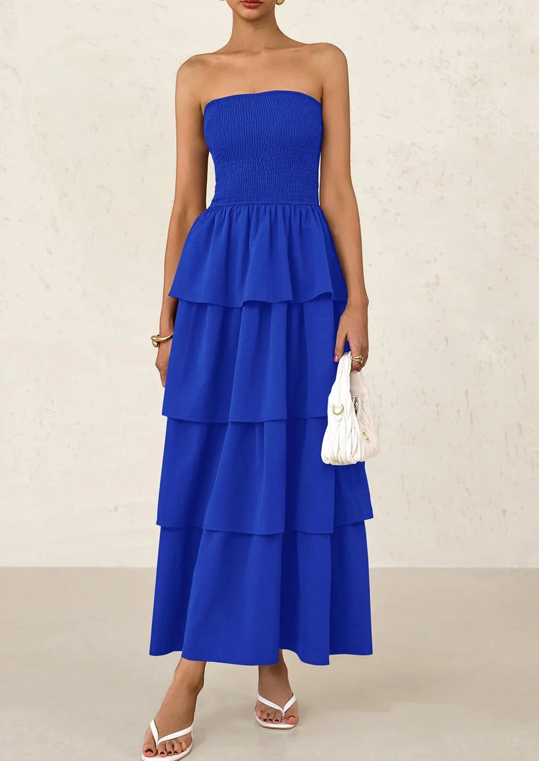 Maxi Dresses for Women Off Shoulder Smocked Tiered Ruffle Long Flowy Wedding Guest Dress