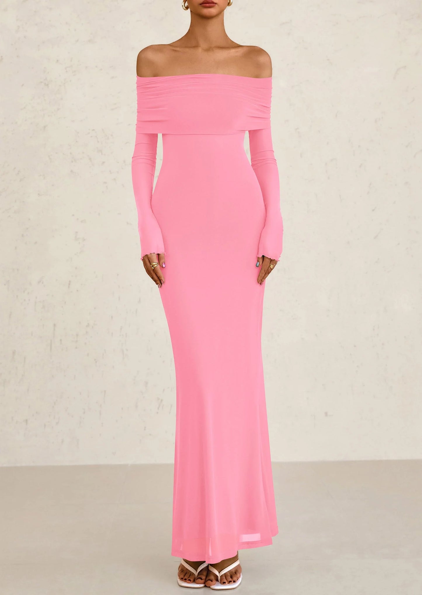 Off The Shoulder Dresses for Women Mesh Long Sleeve Baby Shower Formal Wedding Guest Dress