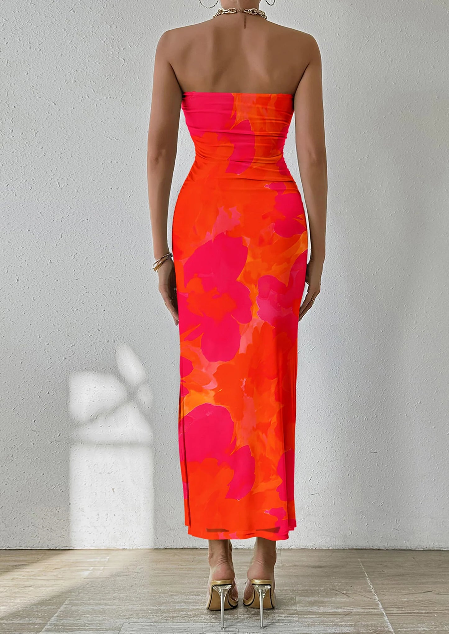 Women's Maxi Bodycon Dresses Strapless Tube Top Slit Floral Printed Party Club Long Dress