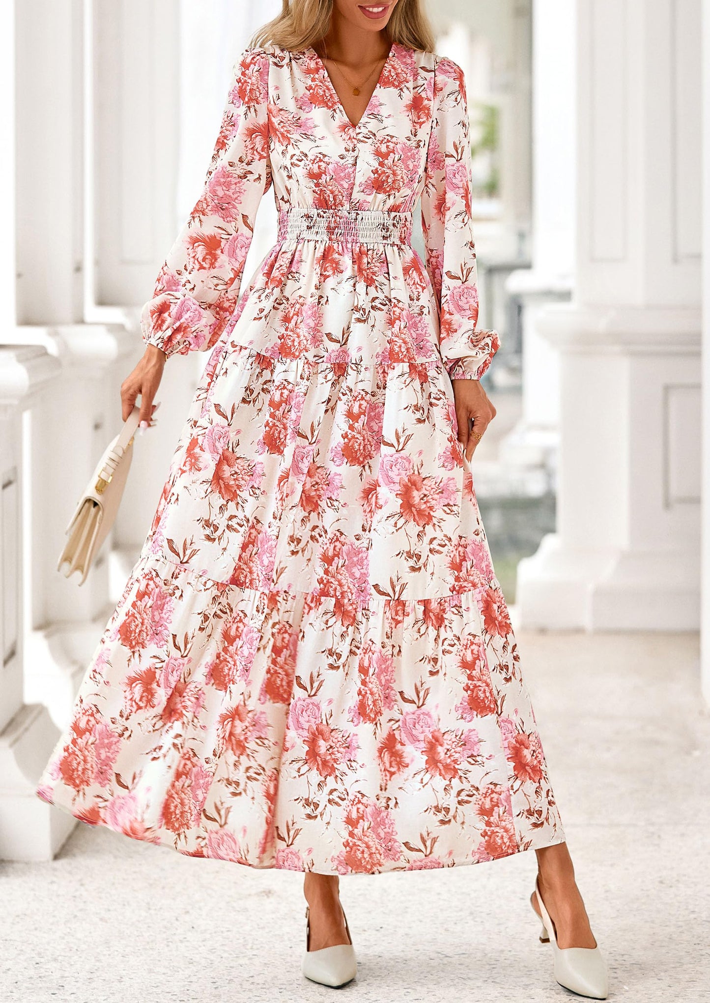Long Sleeve Maxi Fall Dresses for Women Vneck Smocked Boho Floral Tiered Swing Flowy Wedding Guest Dress