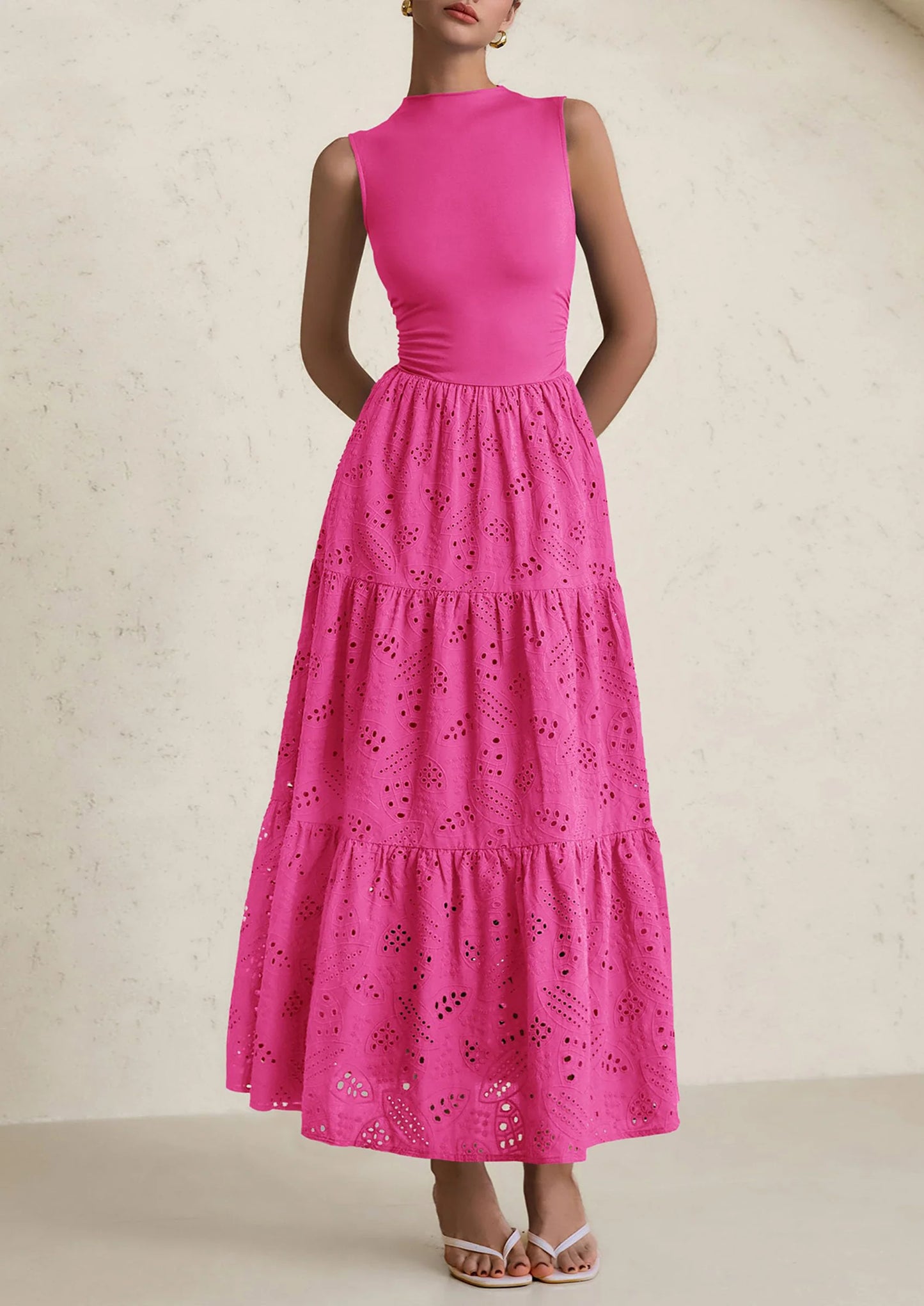 Dresses for Women Casual Eyelet Sleeveless Wedding Guest Maxi Dress Tank Top Sundress with Pockets