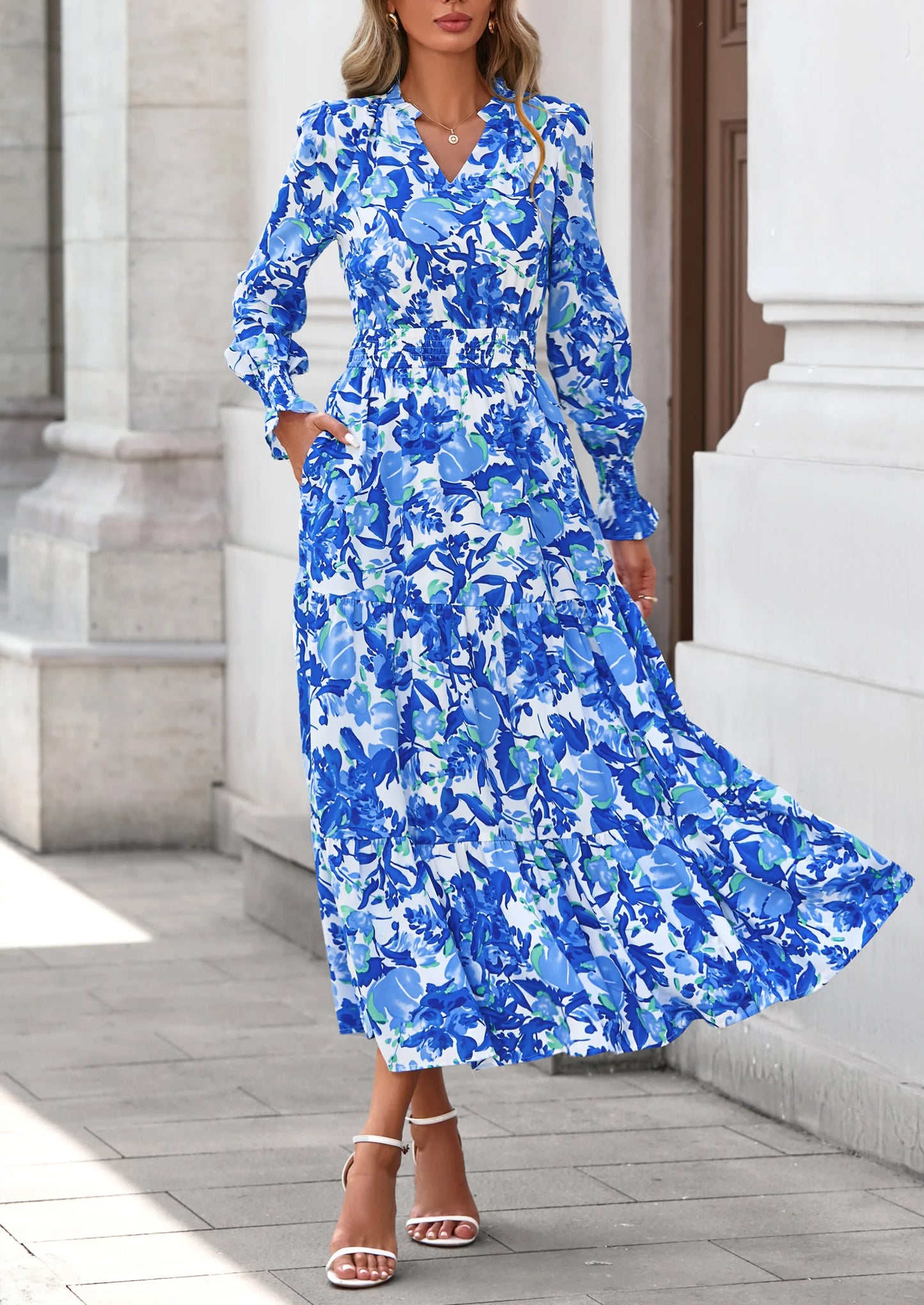 Women's Floral Maxi Dress Spring Long Sleeve V Neck Casual A Line Long Flowy Boho Party Dresses
