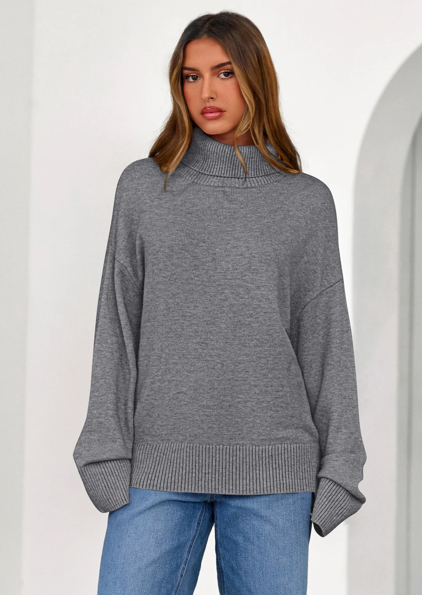 Womens Turtleneck Long Sleeve Sweater Fall Trendy Loose Fit Casual Tops Chunky Knit Pullover Sweaters