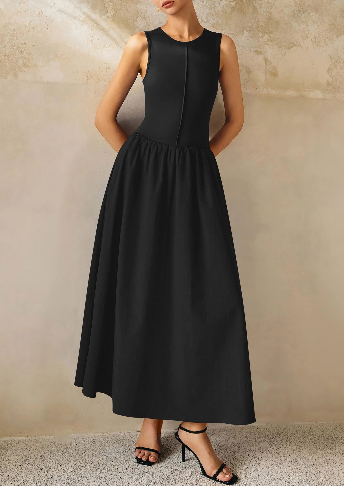 Women Maxi Dresses Casual Sleeveless Patchwork Knit Tank Dress Flowy Beach Sundress Long Dress