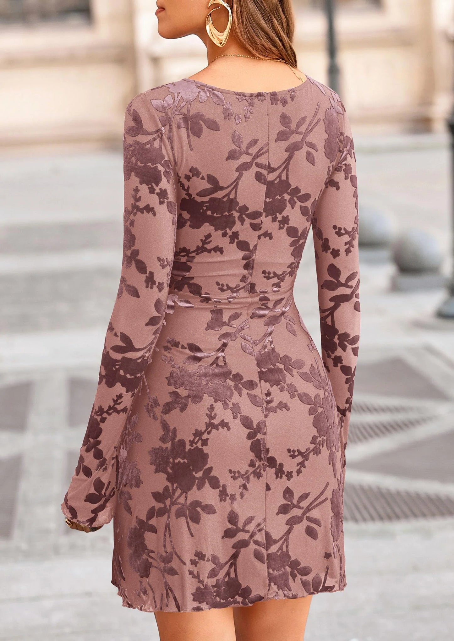 Women's Fall Fashion Floral Long Sleeve Mini Dress Mesh Bodycon Short Party Date Night Going Out Dresses