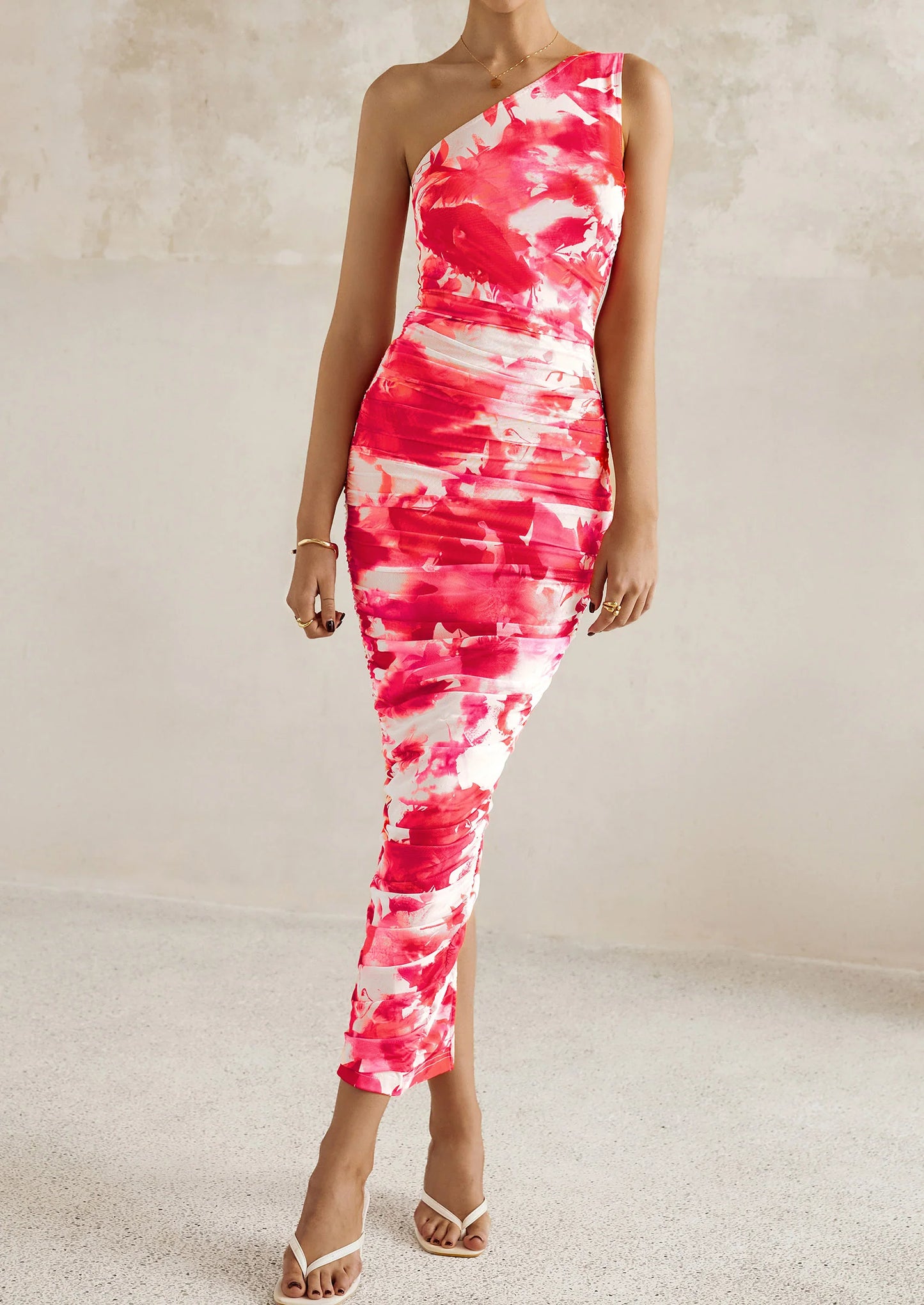 Women's One Shoulder Bodycon Dresses Ruched Floral Beach Cocktail Wedding Guest Dress