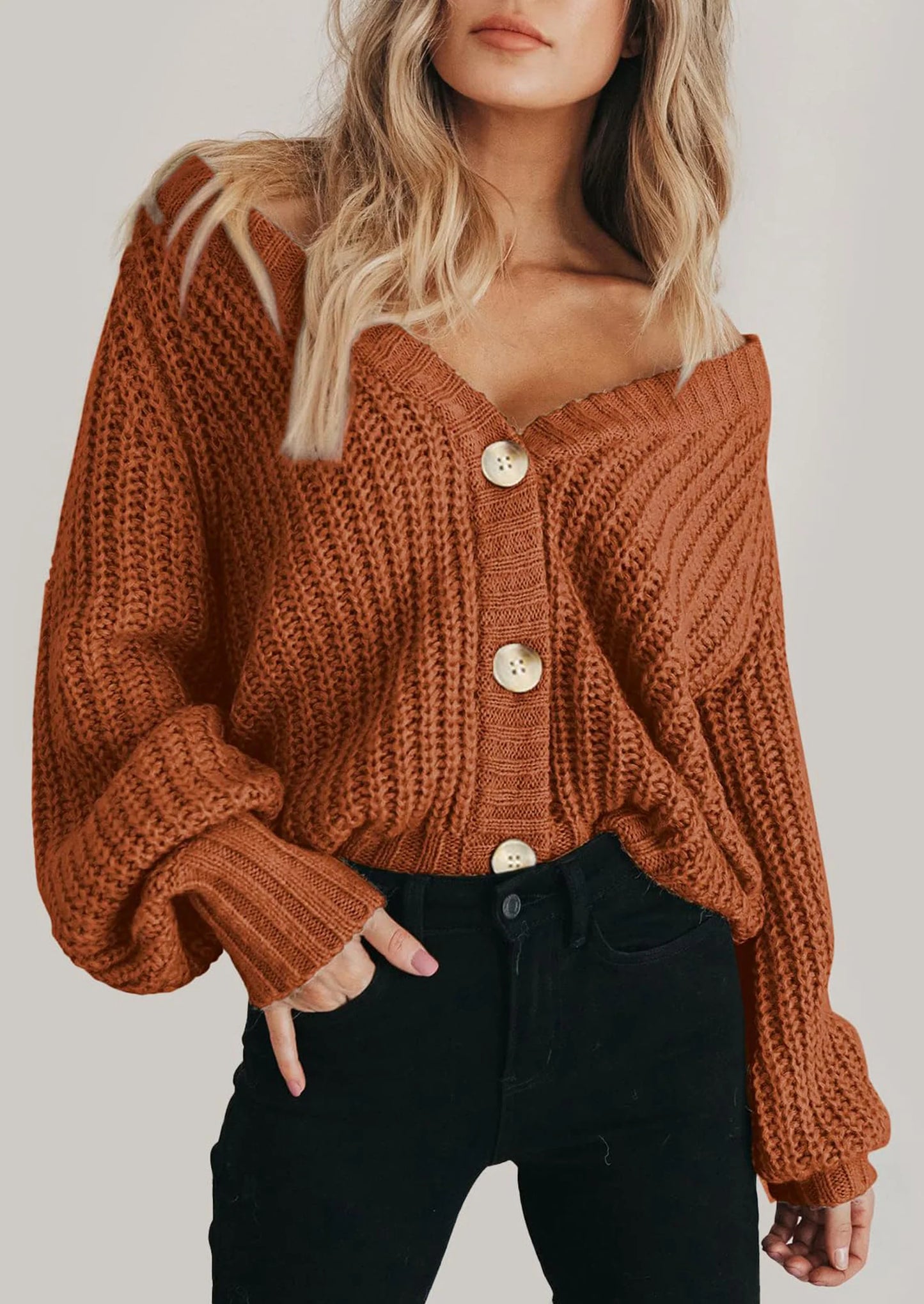 Women's Chunky Knit Open Front Sweater Long Sleeve Button Loose Short Cardigan Outerwear Coats