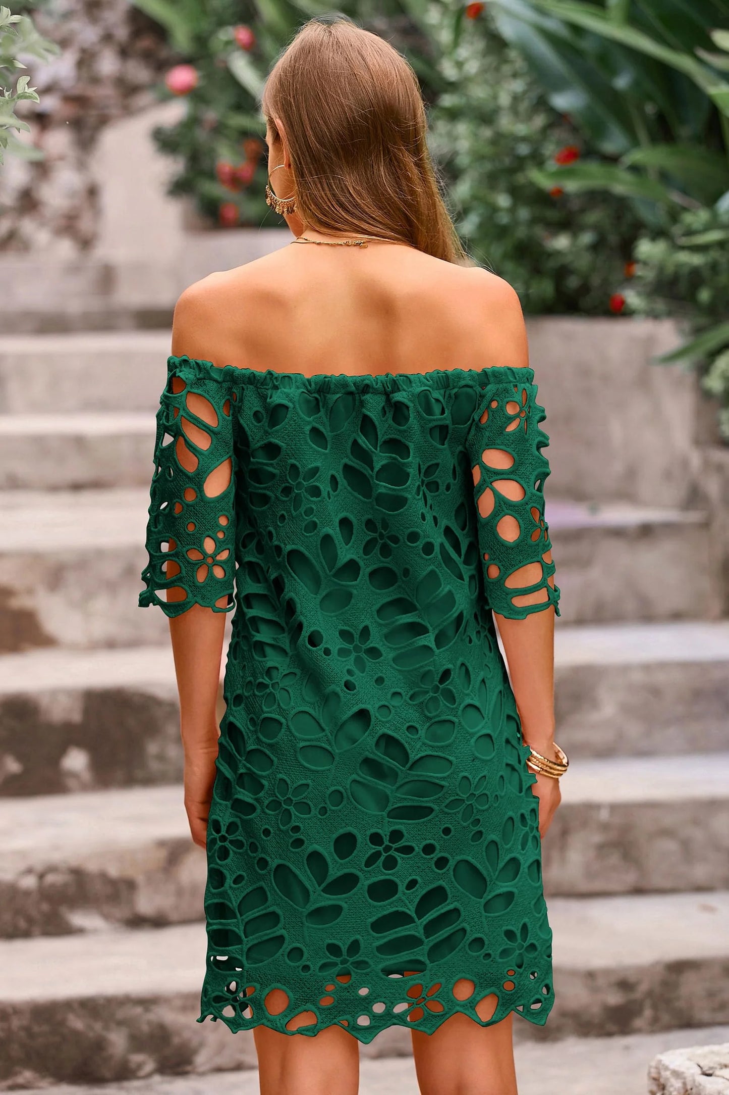 Women's Summer Off Shoulder Dresses Floral Lace Flare Short Sleeve Spring Vintage Elegant Mini Dress