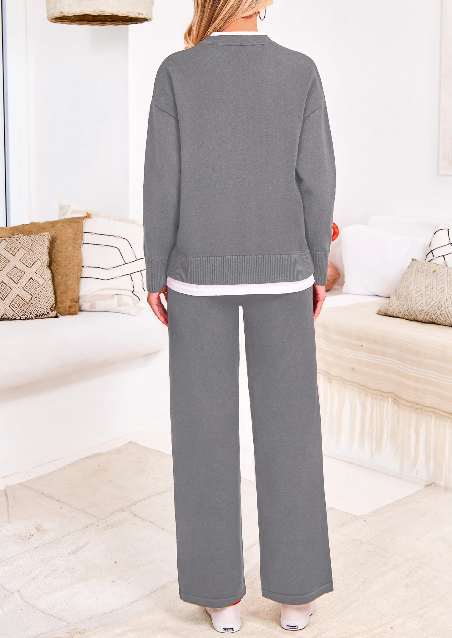 Two Piece Matching Sweater Lounge Sets Knit Long Sleeve Pullover Tops Wide Leg Pants