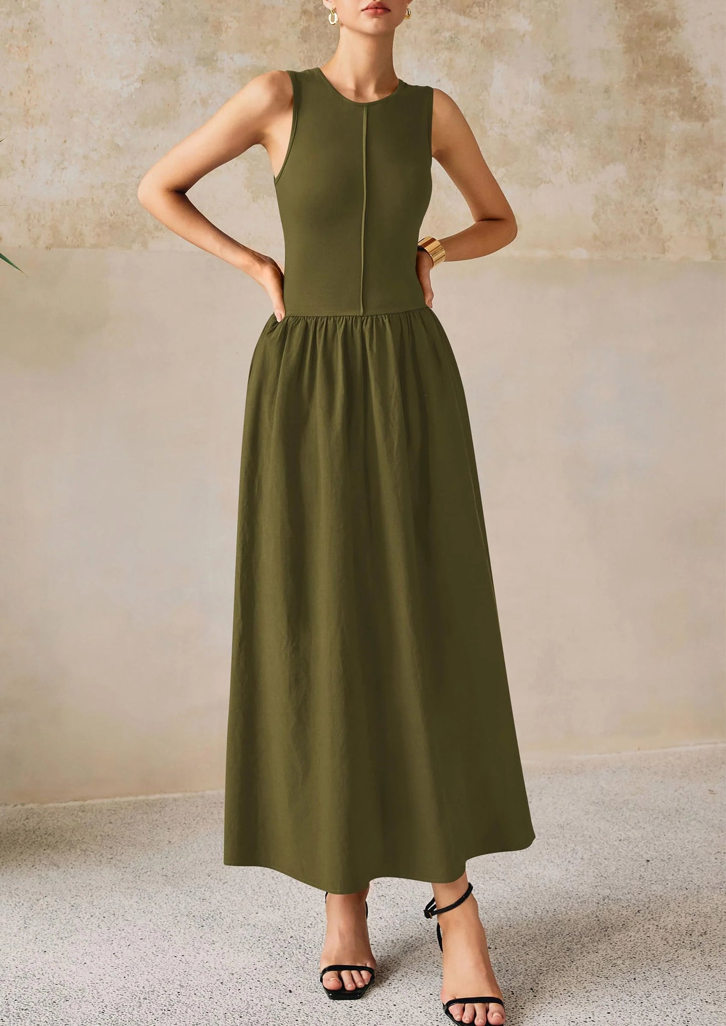 Women Maxi Dresses Casual Sleeveless Patchwork Knit Tank Dress Flowy Beach Sundress Long Dress