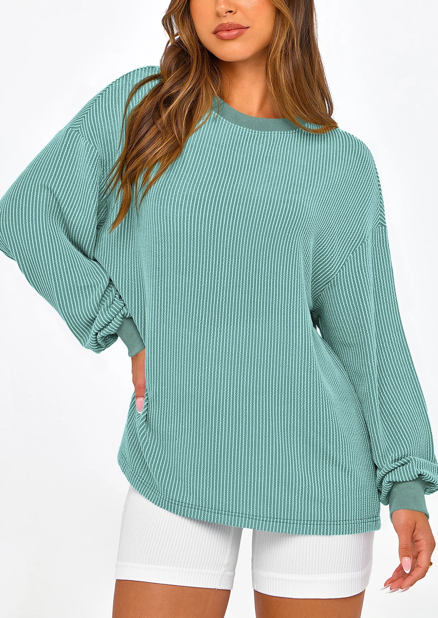 Women's Long Sleeve Tee Shirts Spring Fall Trendy Clothes Casual Loose Crewneck Ribbed Blouse Tunic Tops