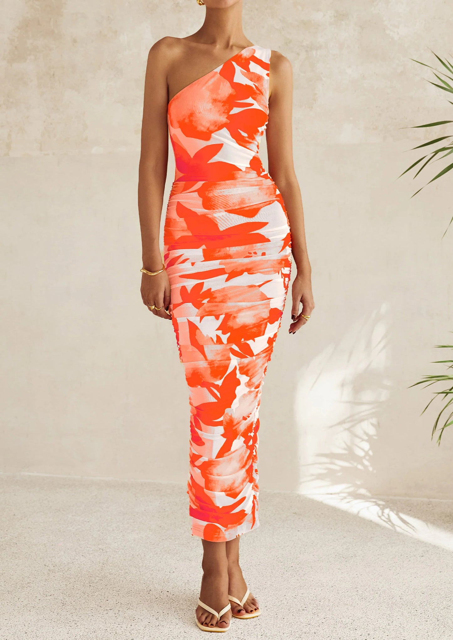 Women's One Shoulder Bodycon Dresses Ruched Floral Beach Cocktail Wedding Guest Dress