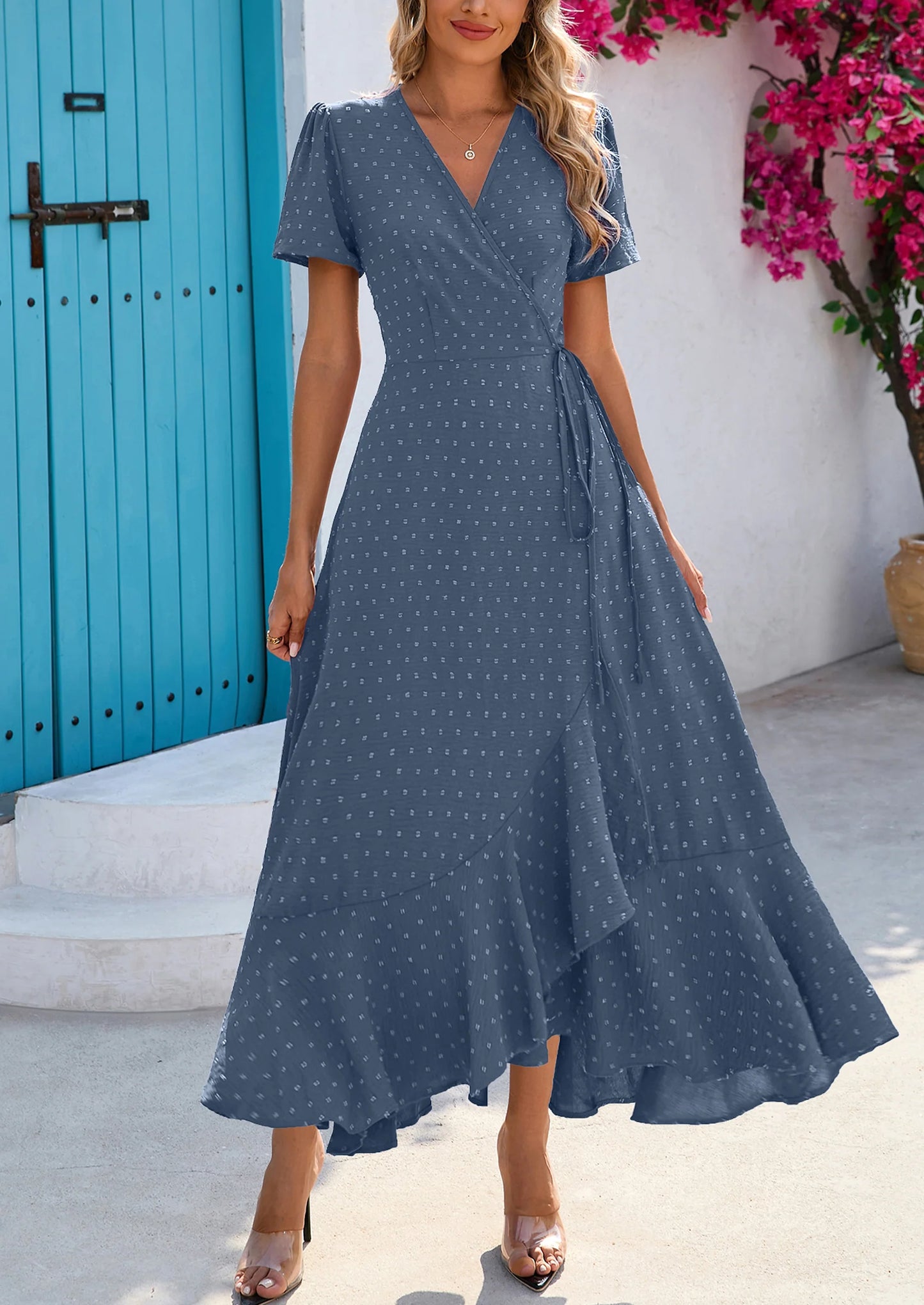 Women's Summer Maxi Dress Casual Wrap Floral Boho Short Sleeve V Neck Split Ruffle Beach Long Dresses