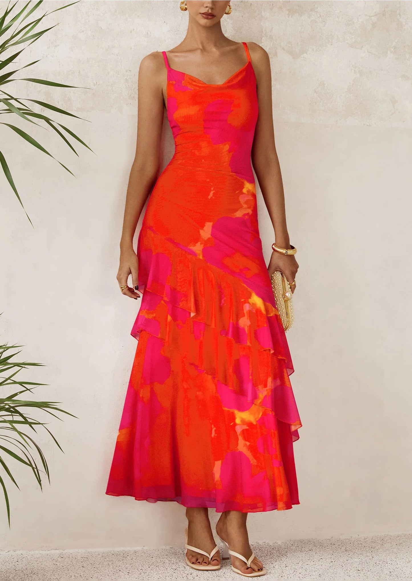 Maxi Dresses for Women Floral Beach Sundress Spaghetti Strap Tiered Wedding Guest Long Dress