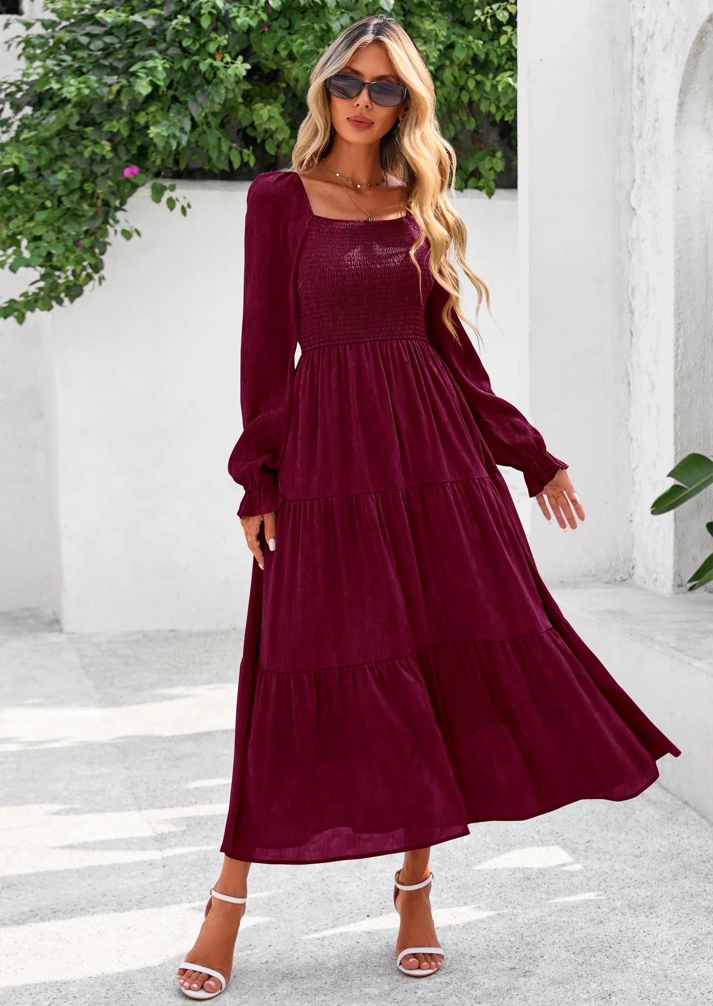 Fall Wedding Guest Dresses for Women Floral Long Sleeve Smocked Tiered Elegant Long Flowy Boho Dress