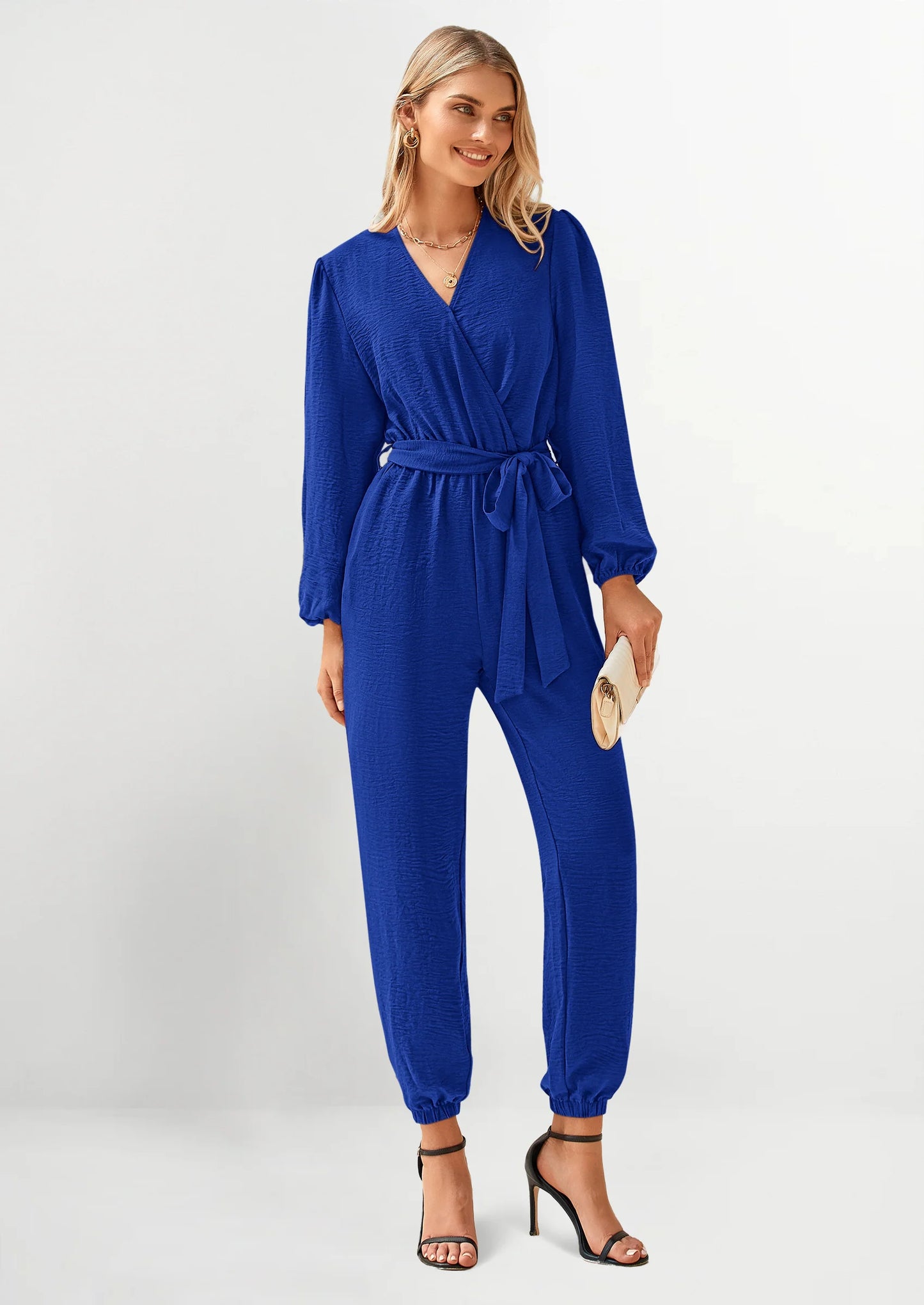 Women's Fall Jumpsuits Dressy Casual Pants Romper Spring Long Sleeve V Neck Belt Pockets One Piece Outfits