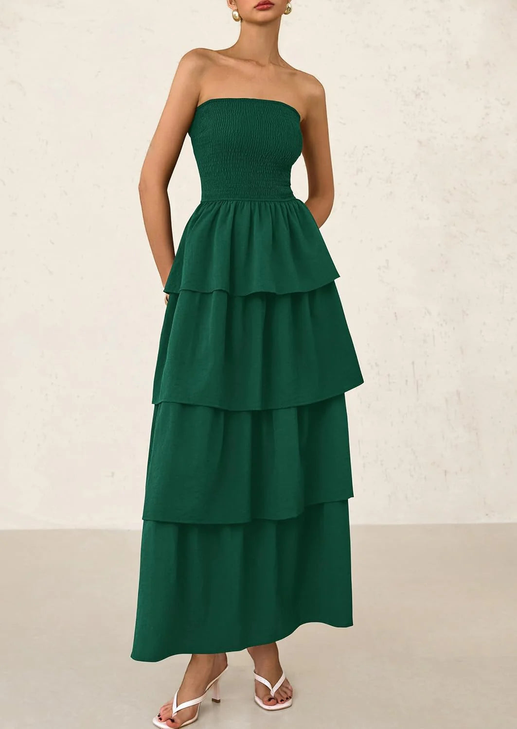 Maxi Dresses for Women Off Shoulder Smocked Tiered Ruffle Long Flowy Wedding Guest Dress