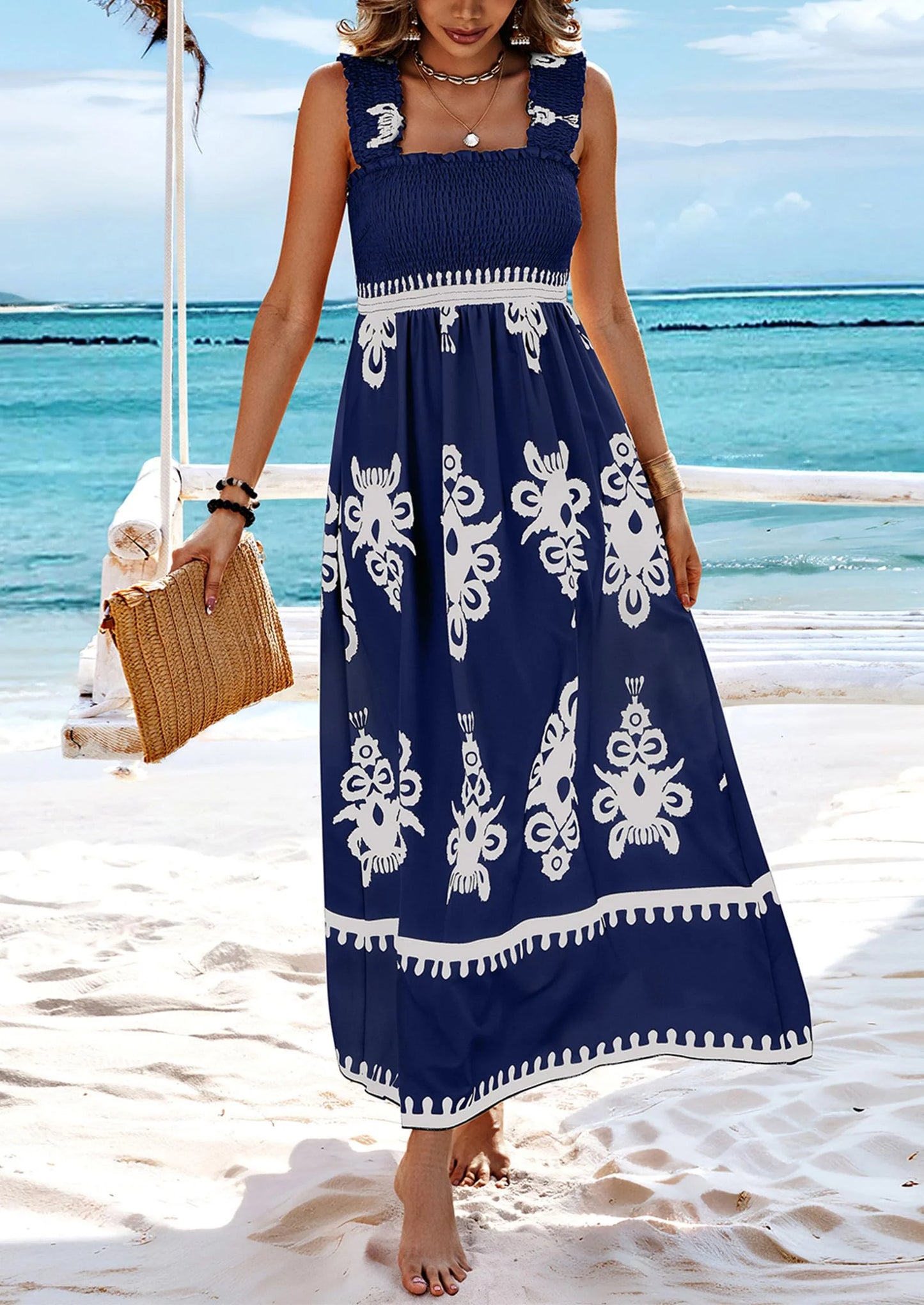 Womens Summer Boho Maxi Dress Casual Sleeveless Square Neck Floral Aline Smocked Beach Dresses with Pockets
