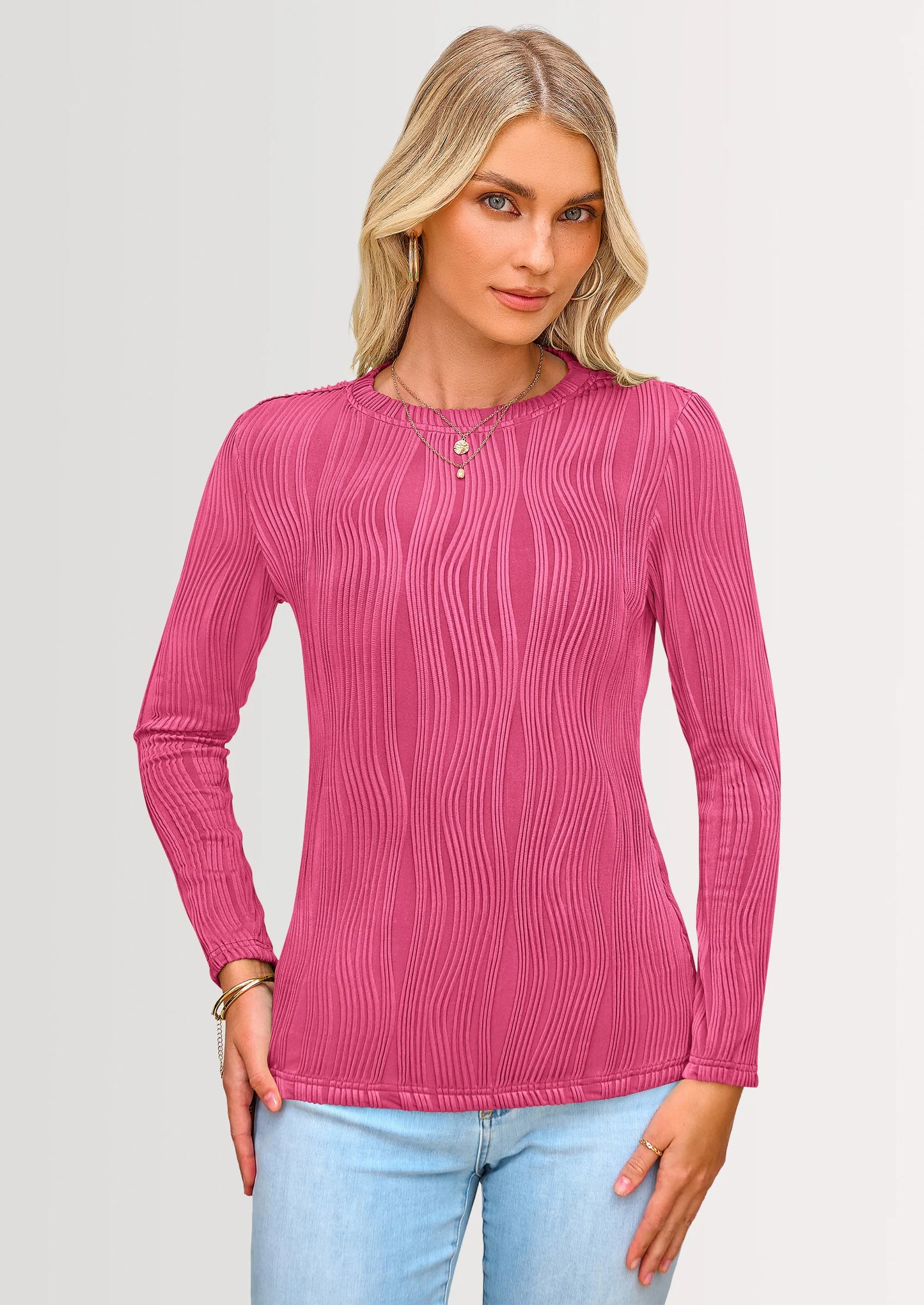 Long Sleeve Tops for Women Spring Fall Trendy Business Dressy Casual Shirts Crewneck Textured Blouse