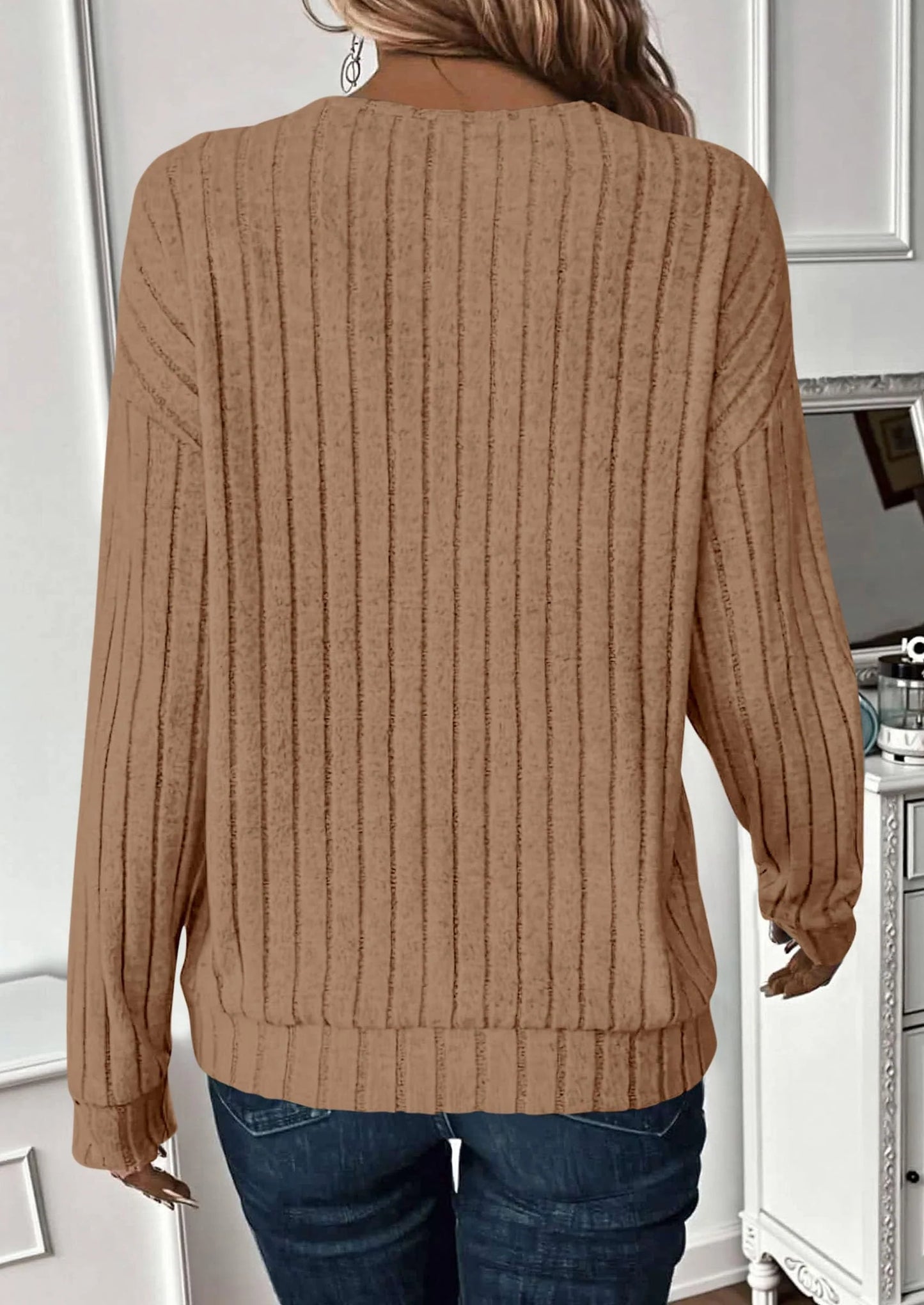 Fall Fashion Long Sleeve Shirts for Women Ribbed Knit V Neck Dressy Casual Lightweight Sweaters Tunic Tops