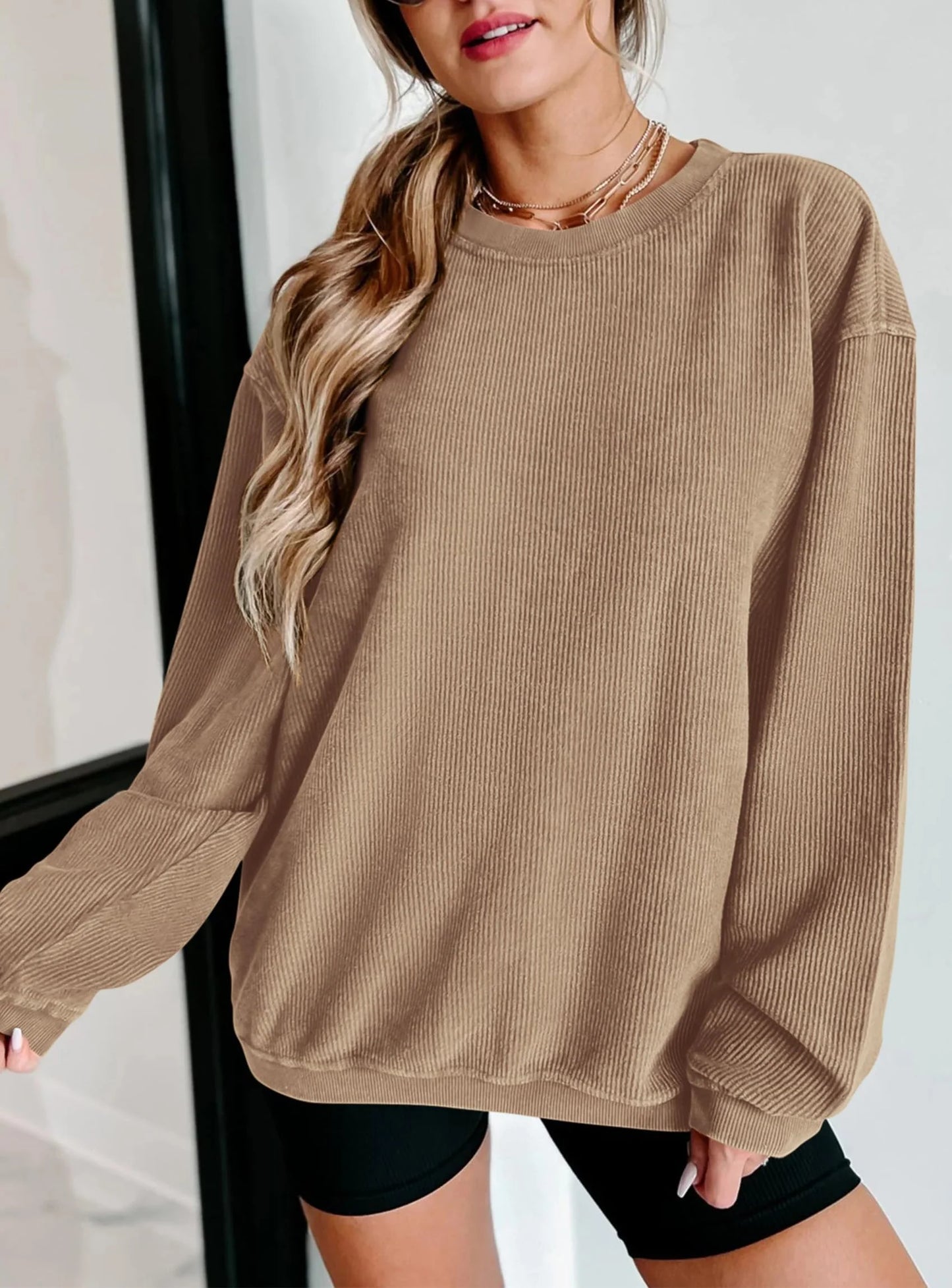Women's Oversized Sweatshirt 2025 Fall Fashion Clothes Ribbed Corduroy Long Sleeve Going Out Pullover Tops