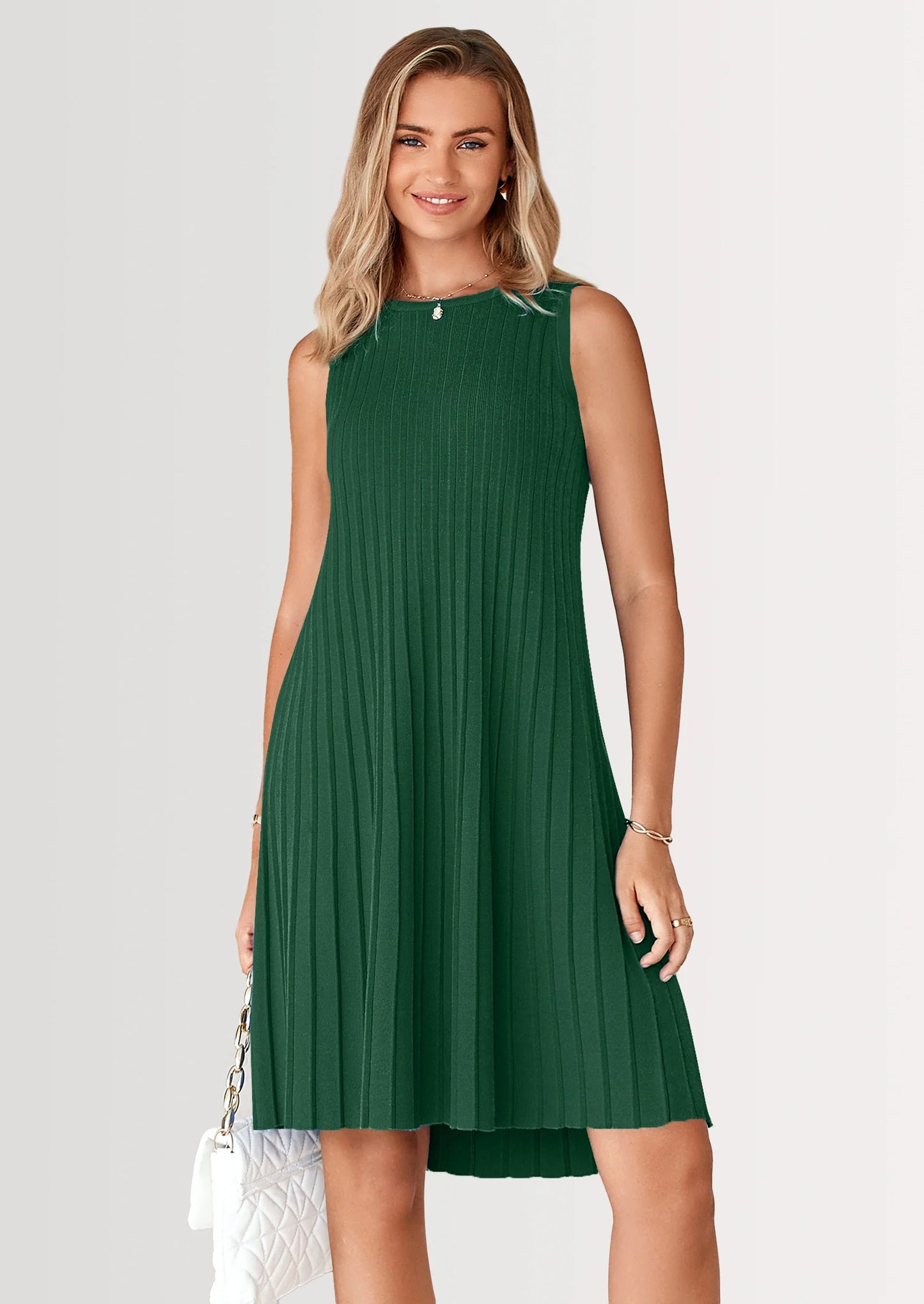Womens Summer Sleeveless Mini Dress Crewneck Loose Tank A Line Pleated Swing Flowy Party Dresses