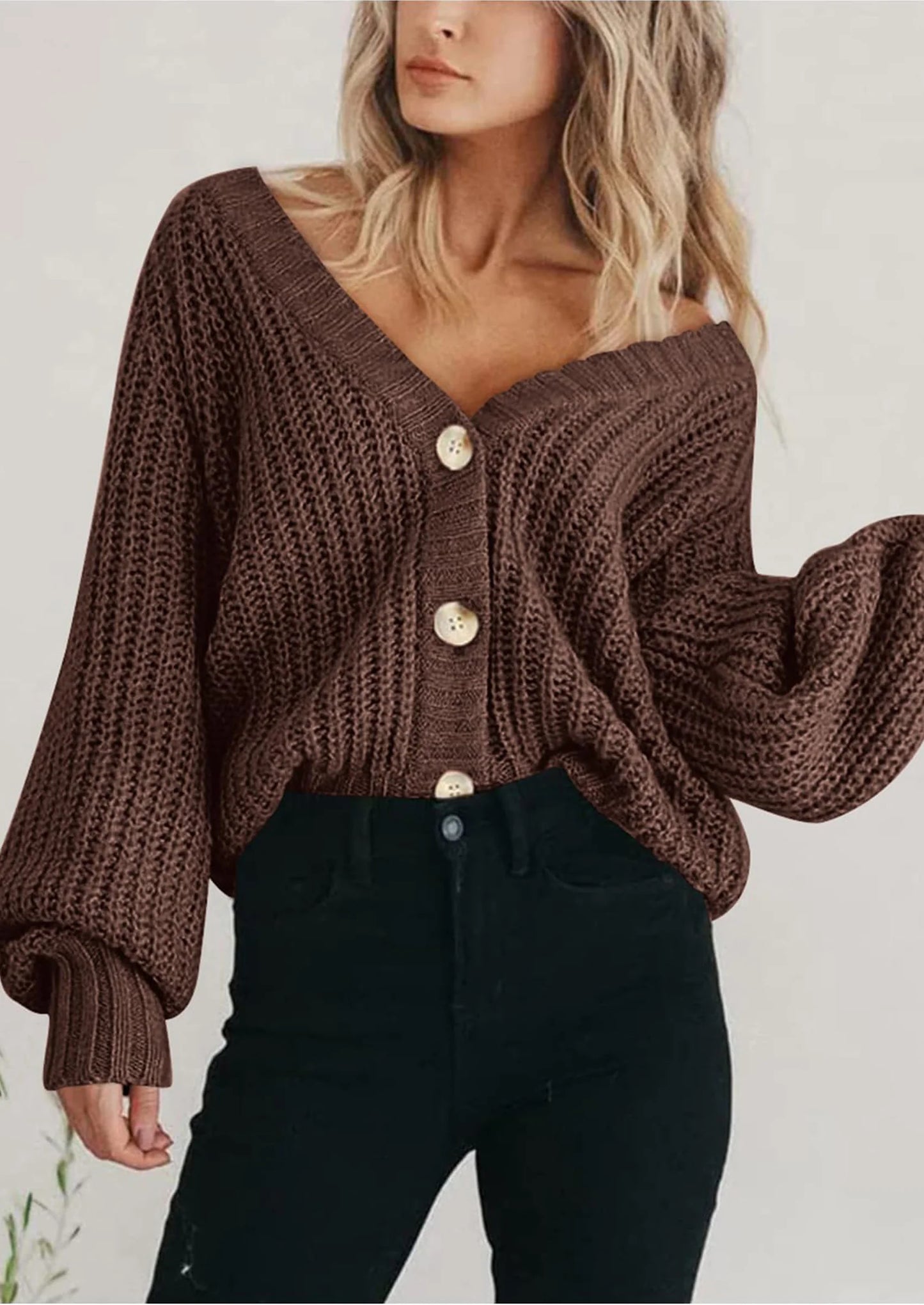 Women's Chunky Knit Open Front Sweater Long Sleeve Button Loose Short Cardigan Outerwear Coats
