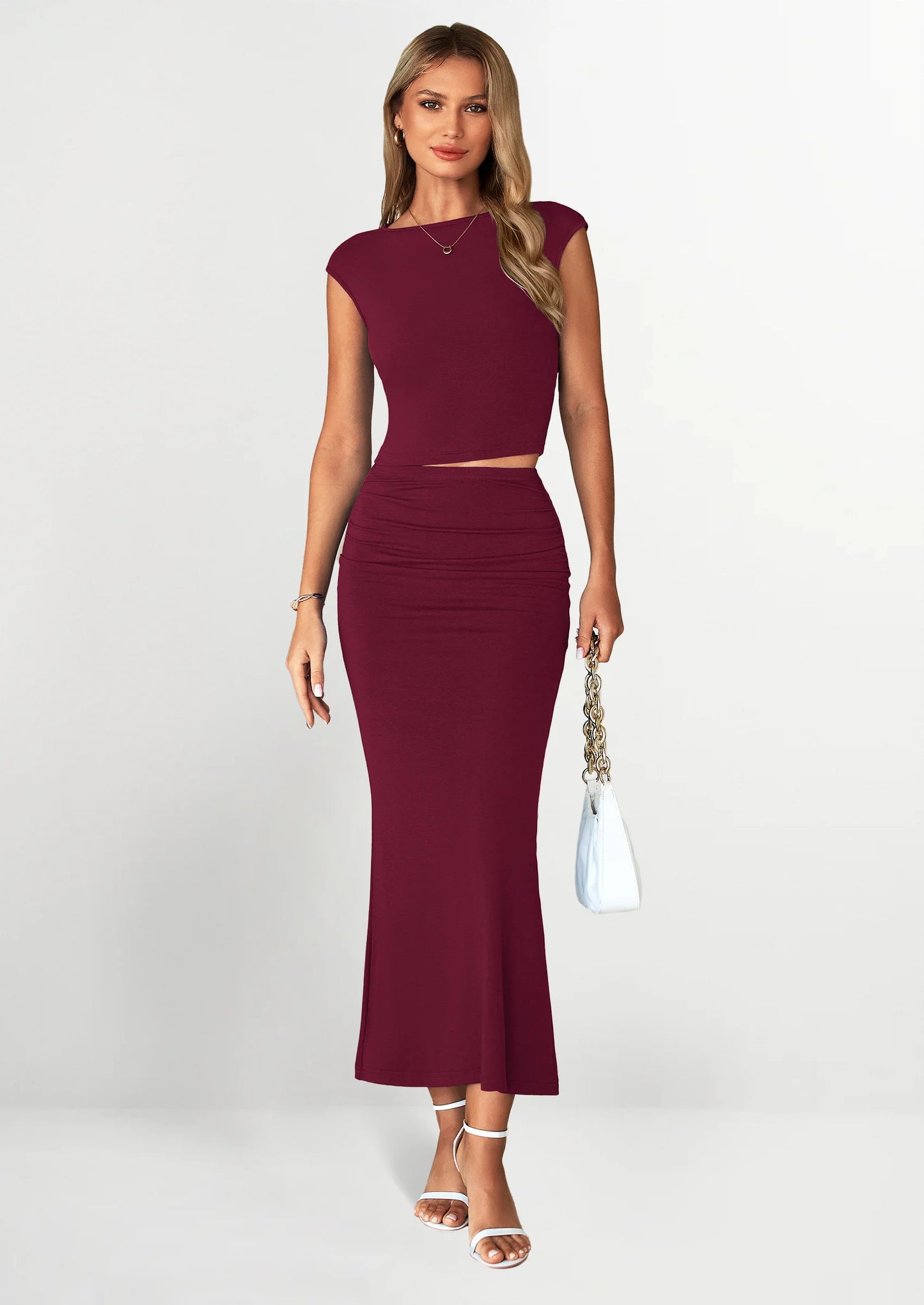 Summer 2 Piece Sets for Women Going Out Casual Cap Sleeve Crop Tops Ruched Maxi Long Skirts Spring Outfits