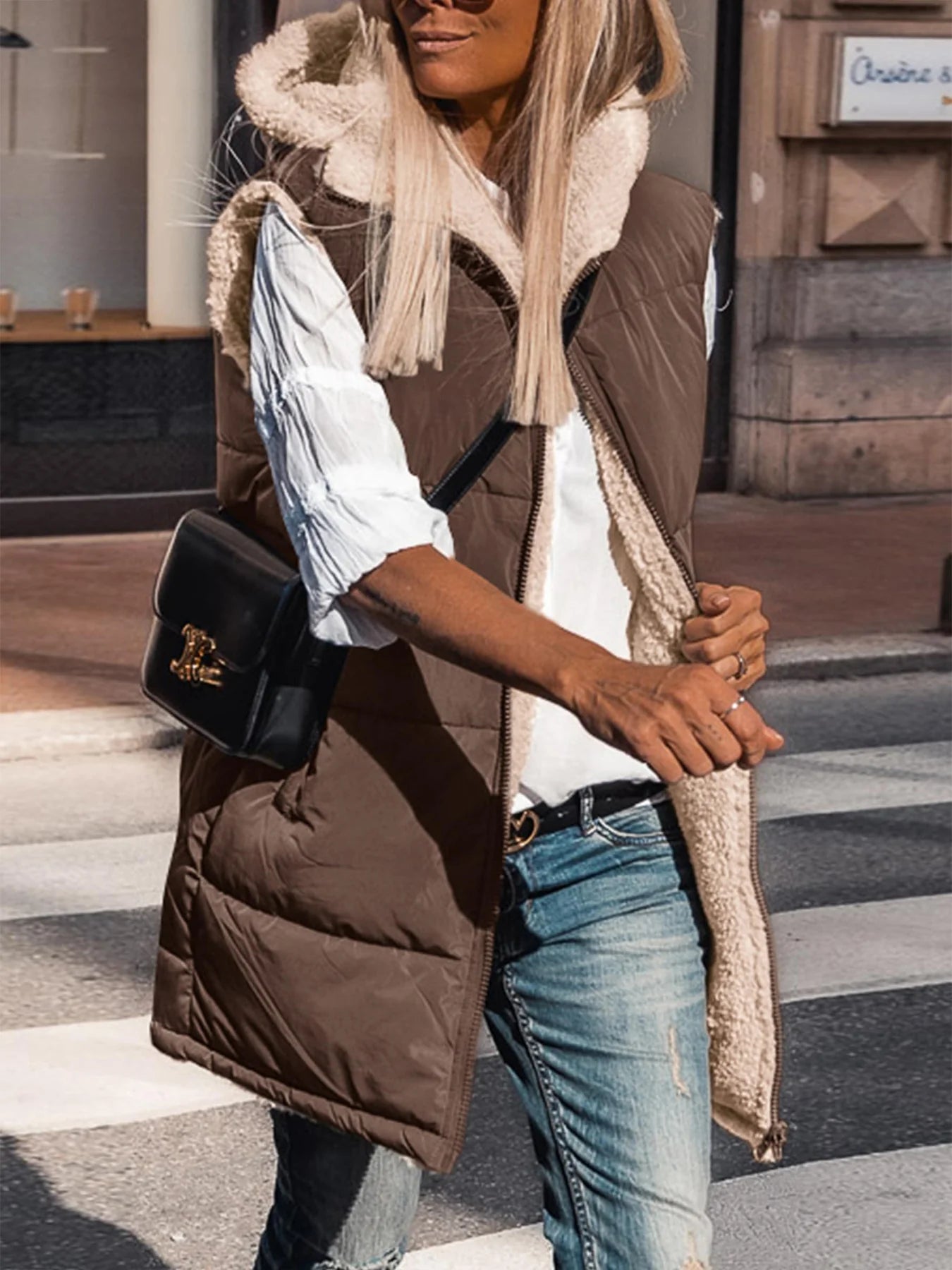 Womens Fall Reversible Vests Sleeveless Fleece Jacket Zip Up Hoodie Pockets Long Warm Winter Coat Outerwear