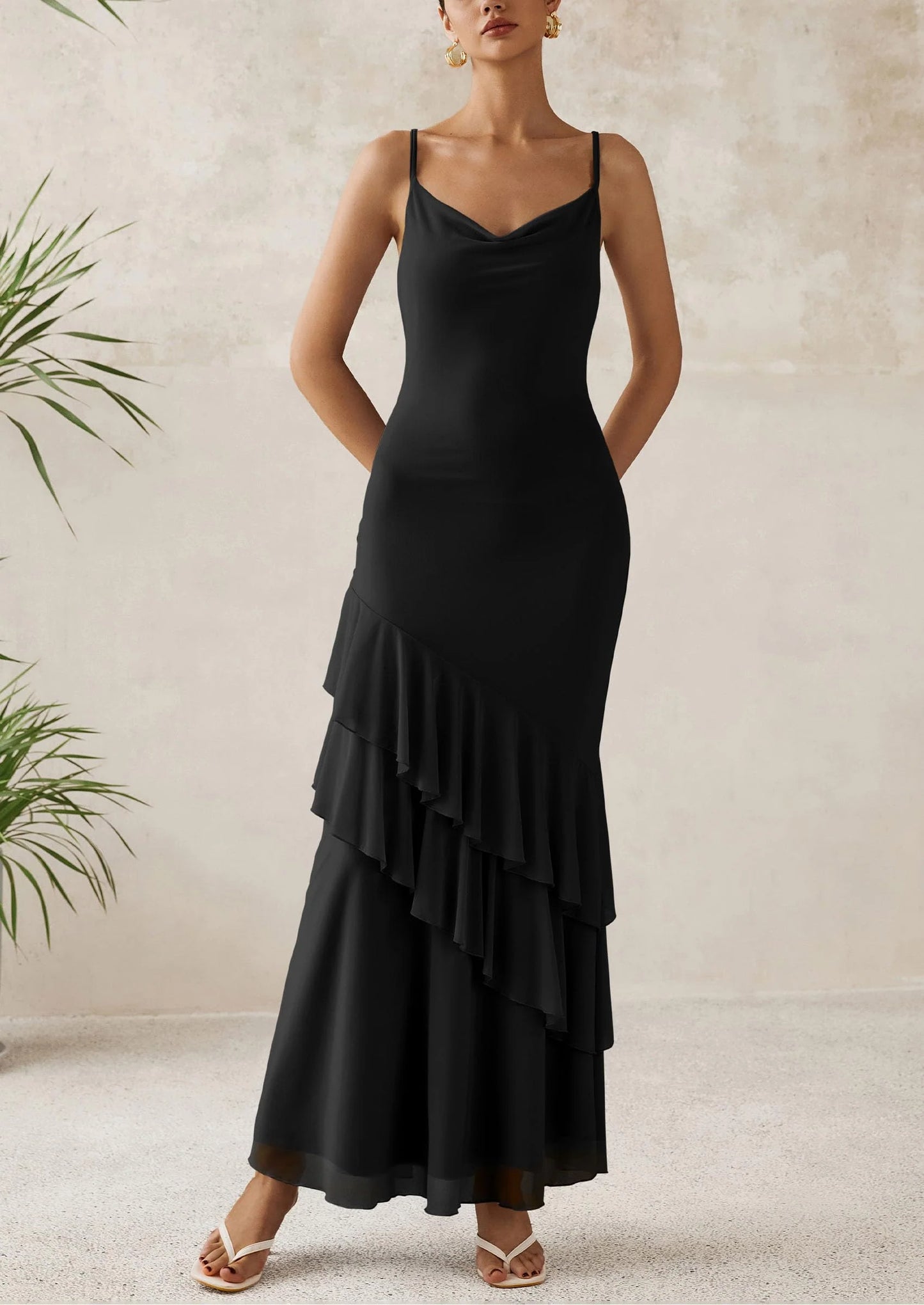 Maxi Dresses for Women Floral Beach Sundress Spaghetti Strap Tiered Wedding Guest Long Dress