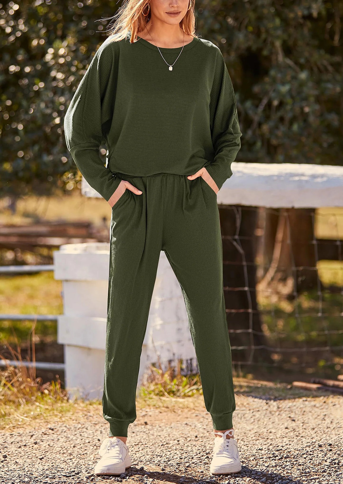 Women's Fall 2 Piece Lounge Set Long Sleeve Tops Ribbed Pants Spring Matching Sweatsuit Travel Outfits Clothes