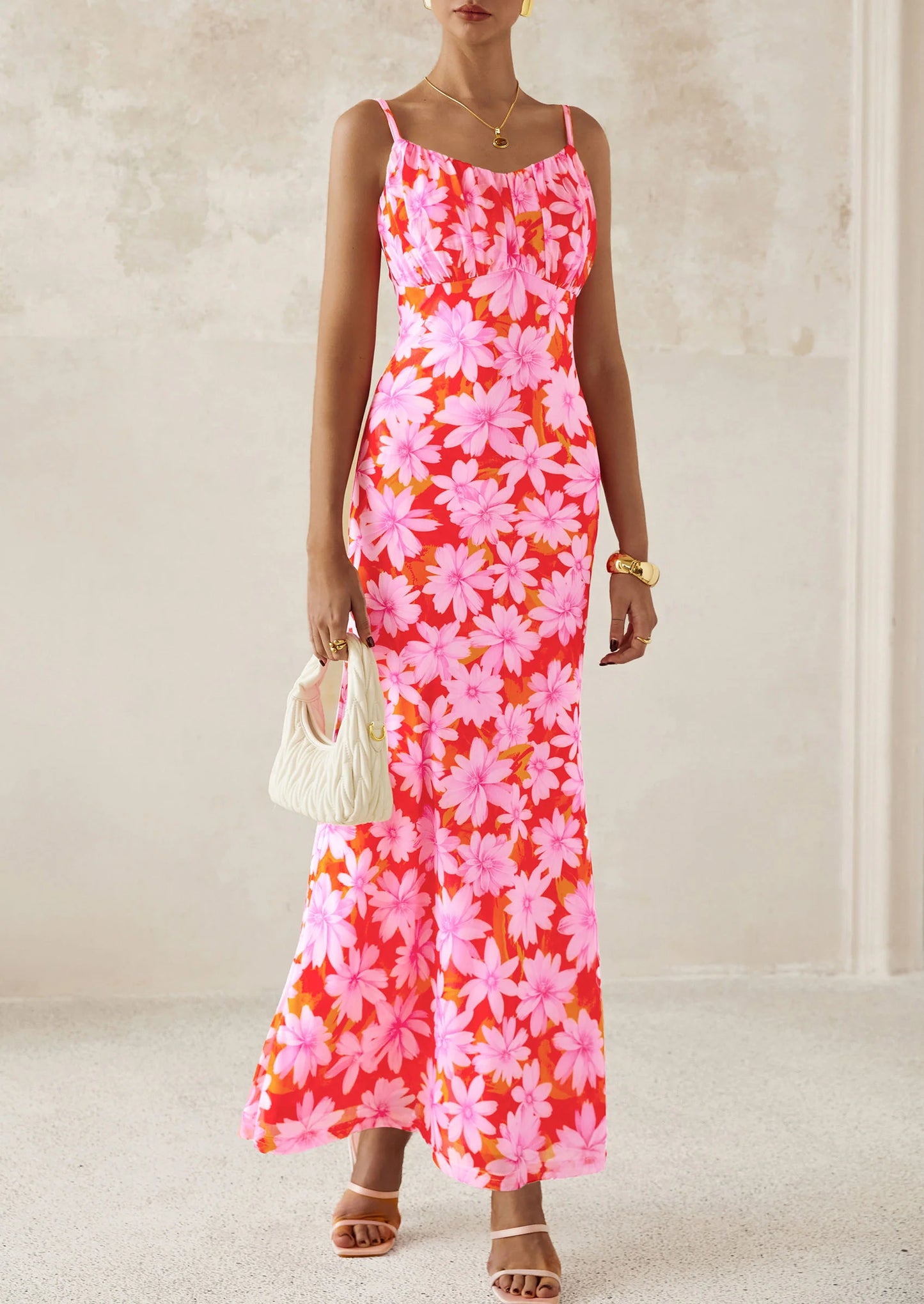 Women's Bodycon Maxi Dress Floral Sundress Sleeveless Spaghetti Strap Cocktail Party Dress