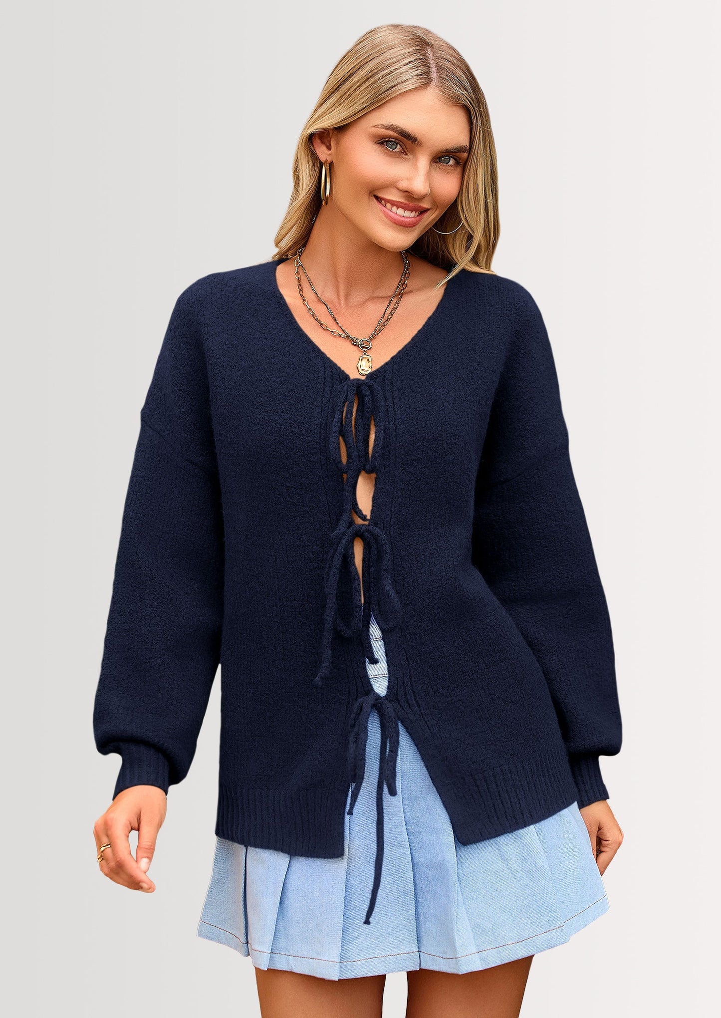 Women's Tie Front Bow Cardigan Sweaters Chunky Knit Long Puff Sleeve Trendy Fall Winter Jacket Coats