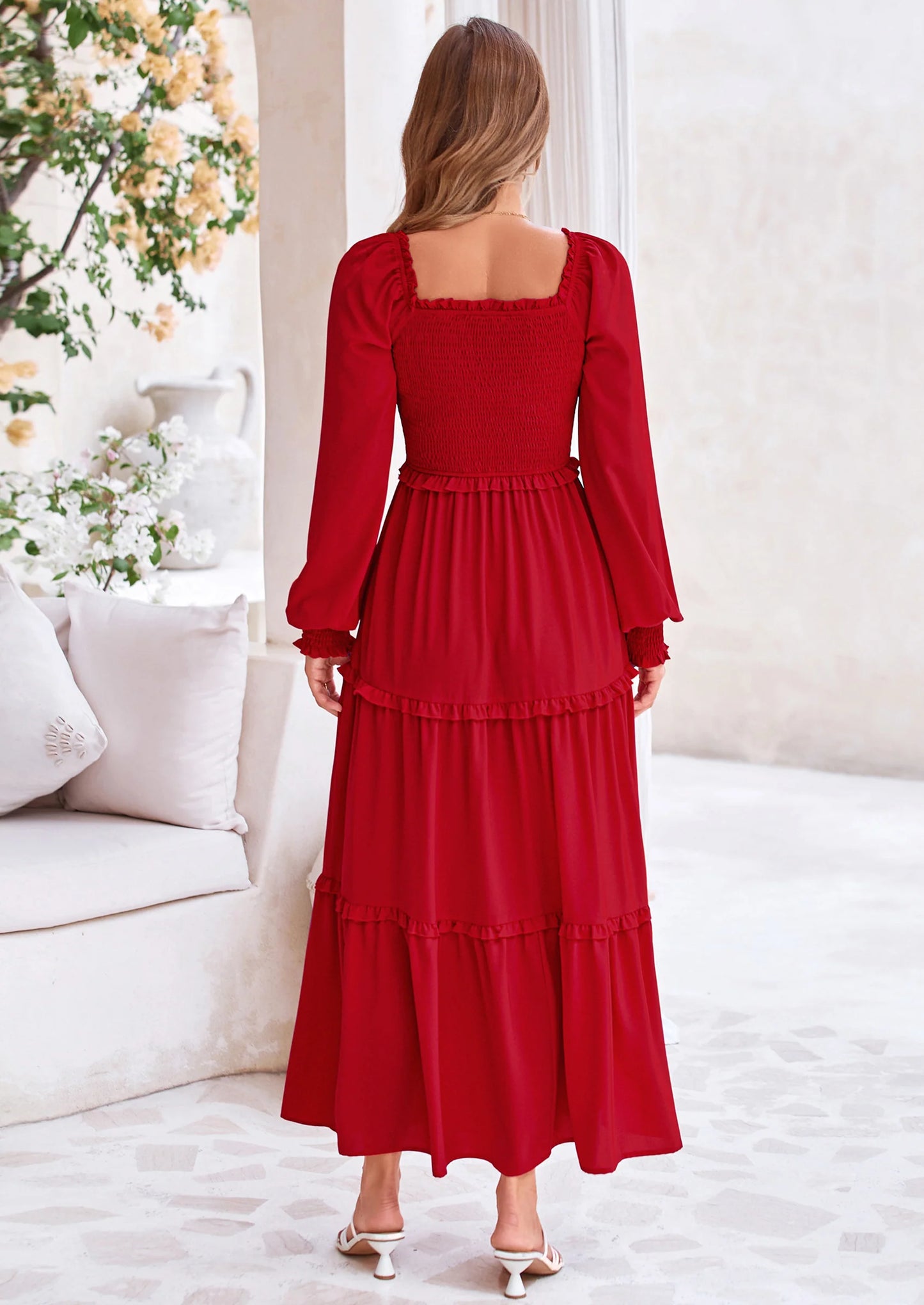 Fall Wedding Guest Dresses for Women Long Sleeve Square Neck Tiered A Line Modest Elegant Flowy Dresses