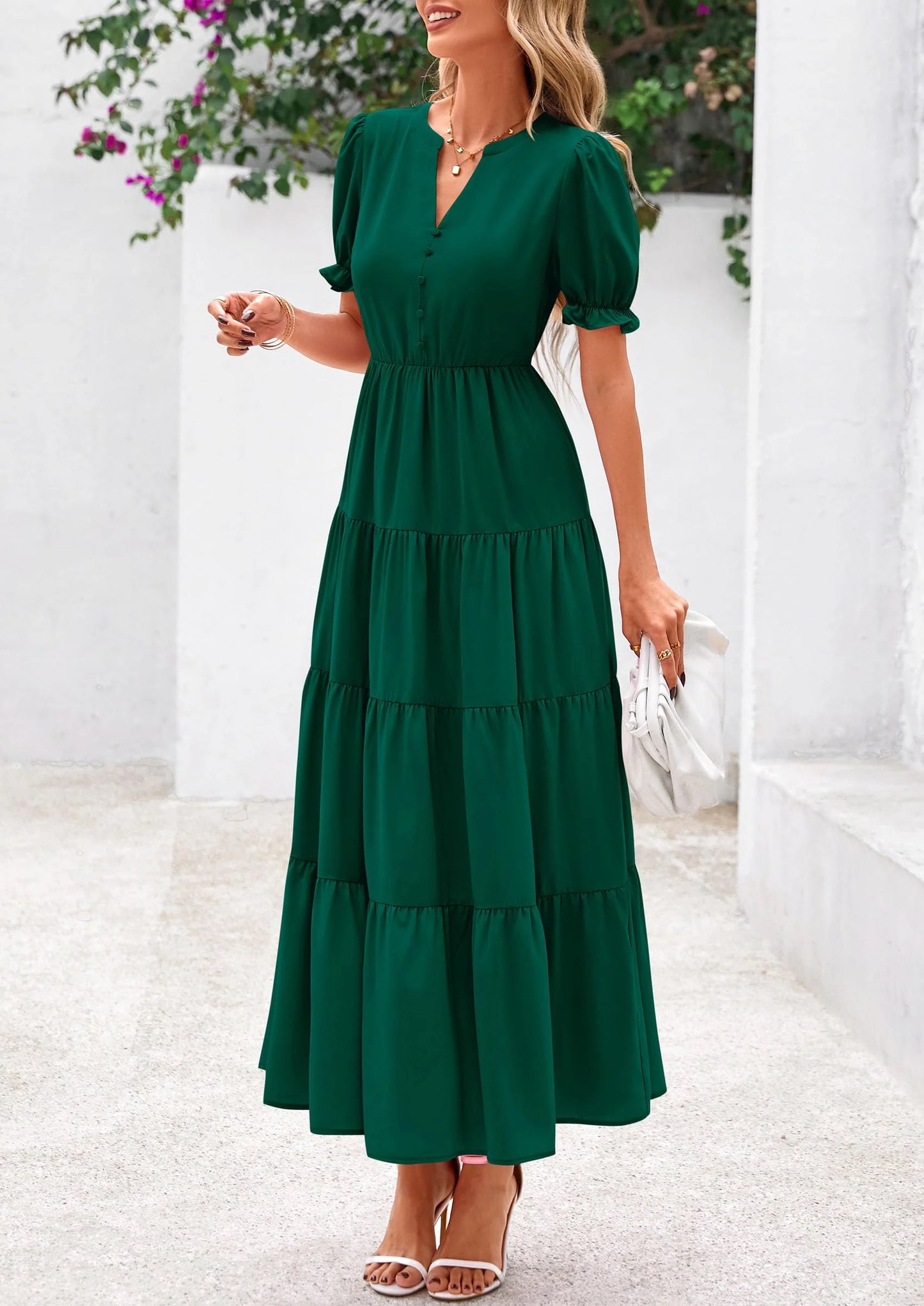Women's Casual Short Sleeve V Neck Midi Dresses Spring A-line Tiered Wedding Guest Dress