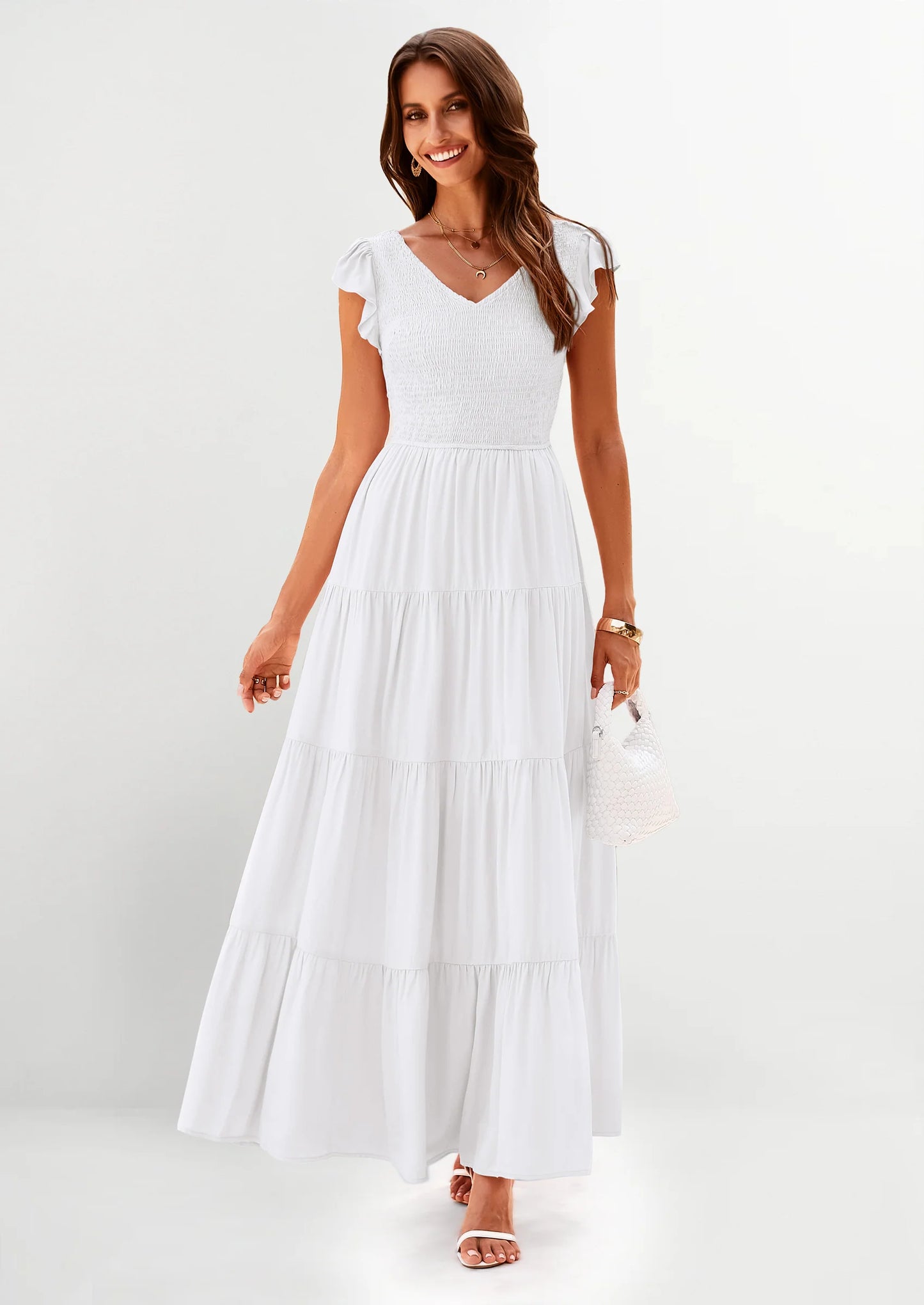 Women's Flowy Maxi Dress Casual Cap Sleeve V Neck Smocked Beach Sundress
