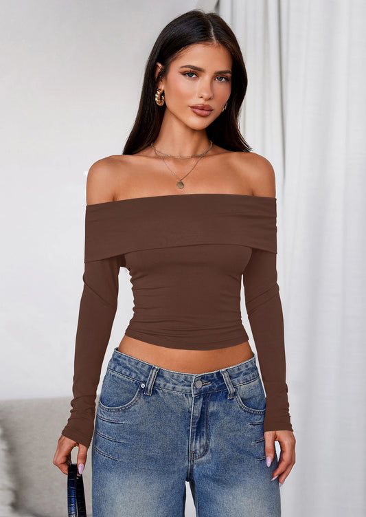 Off The Shoulder Tops for Women Long Sleeve Shirts Trendy Going Out Crop Top Spring Fashion Clothes