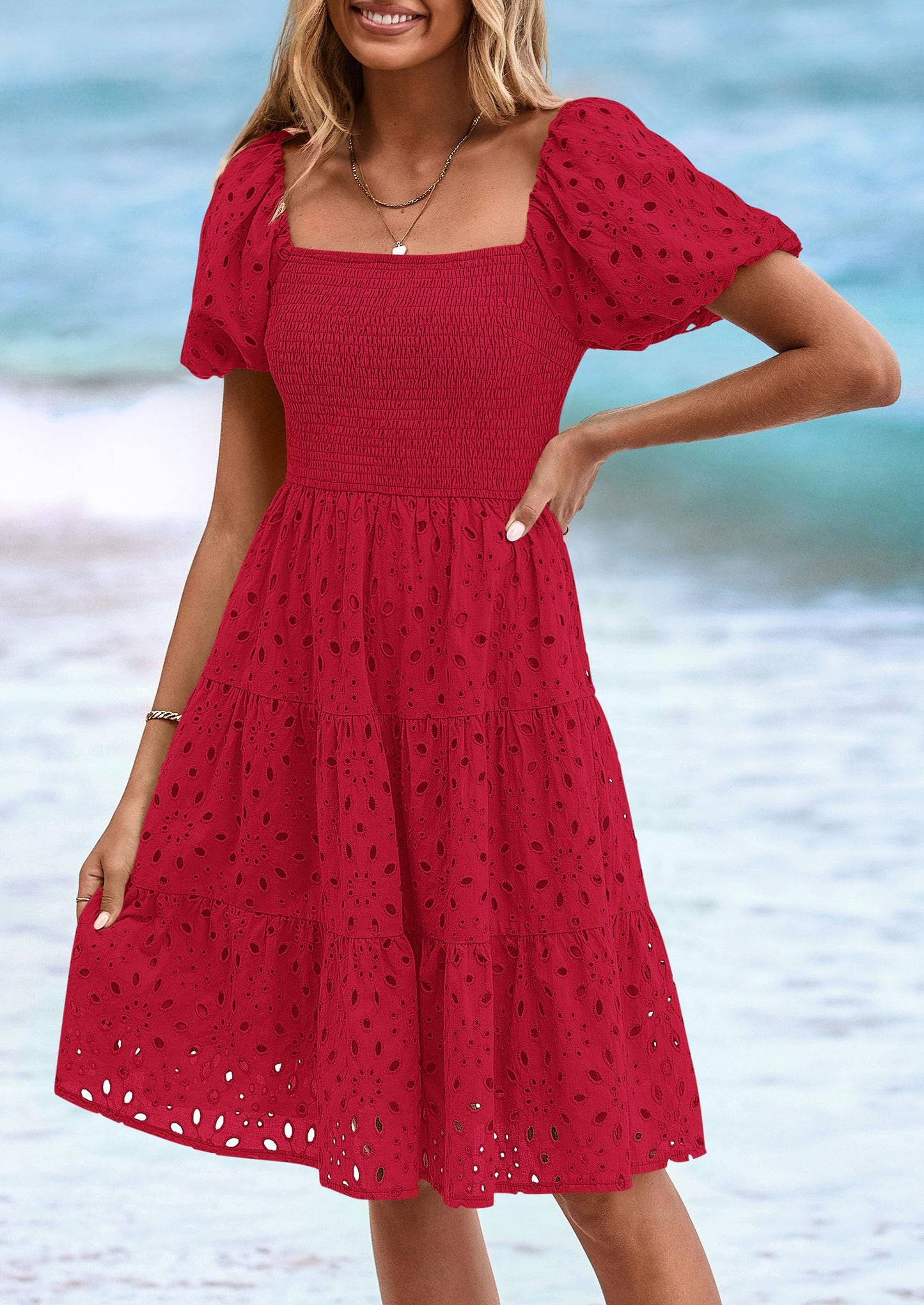Womens Summer Puff Sleeve Mini Dress Off Shoulder Eyelet Smocked A Line Casual Babydoll Short Dresses