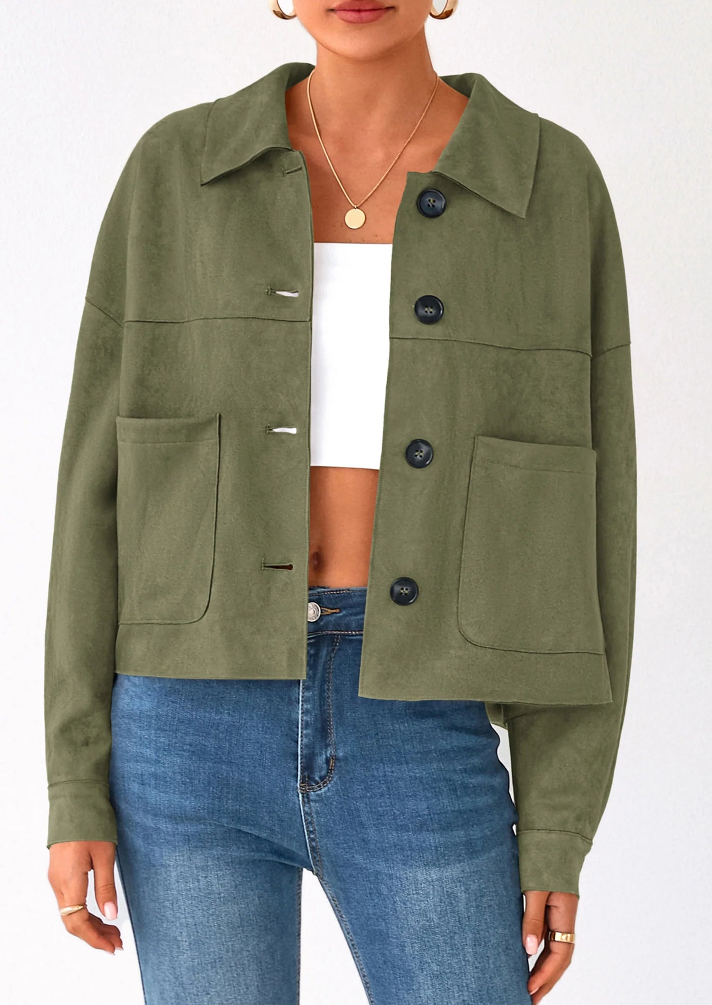 Women's Faux Suede Cropped Jacket Casual Lightweight Fall Fashion Winter Coats Outerwear Trendy Clothes